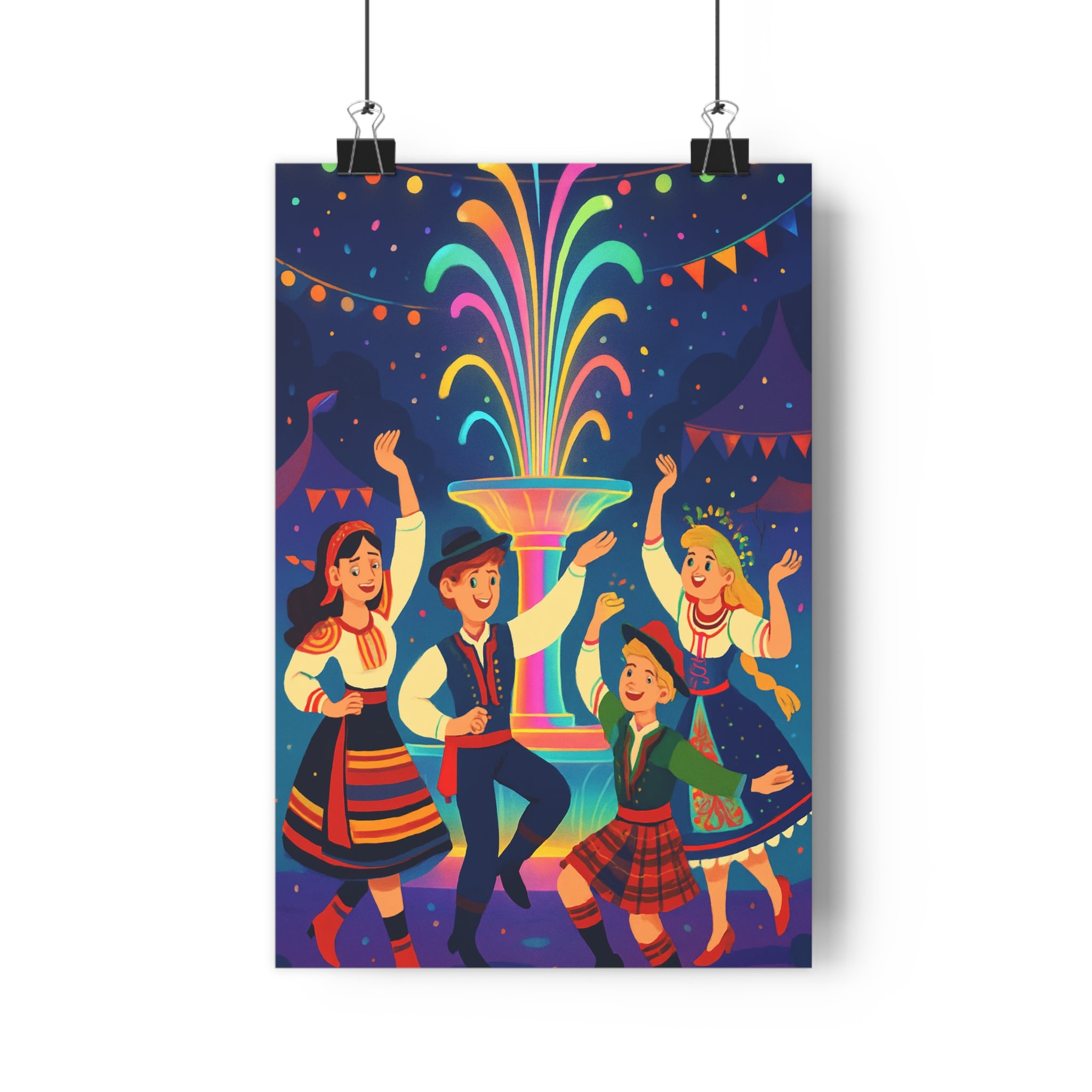 Poster décoratif ambiance festive joyeux coloré traditionnel costumes guirlandes lumineux salon chambre éclatant design