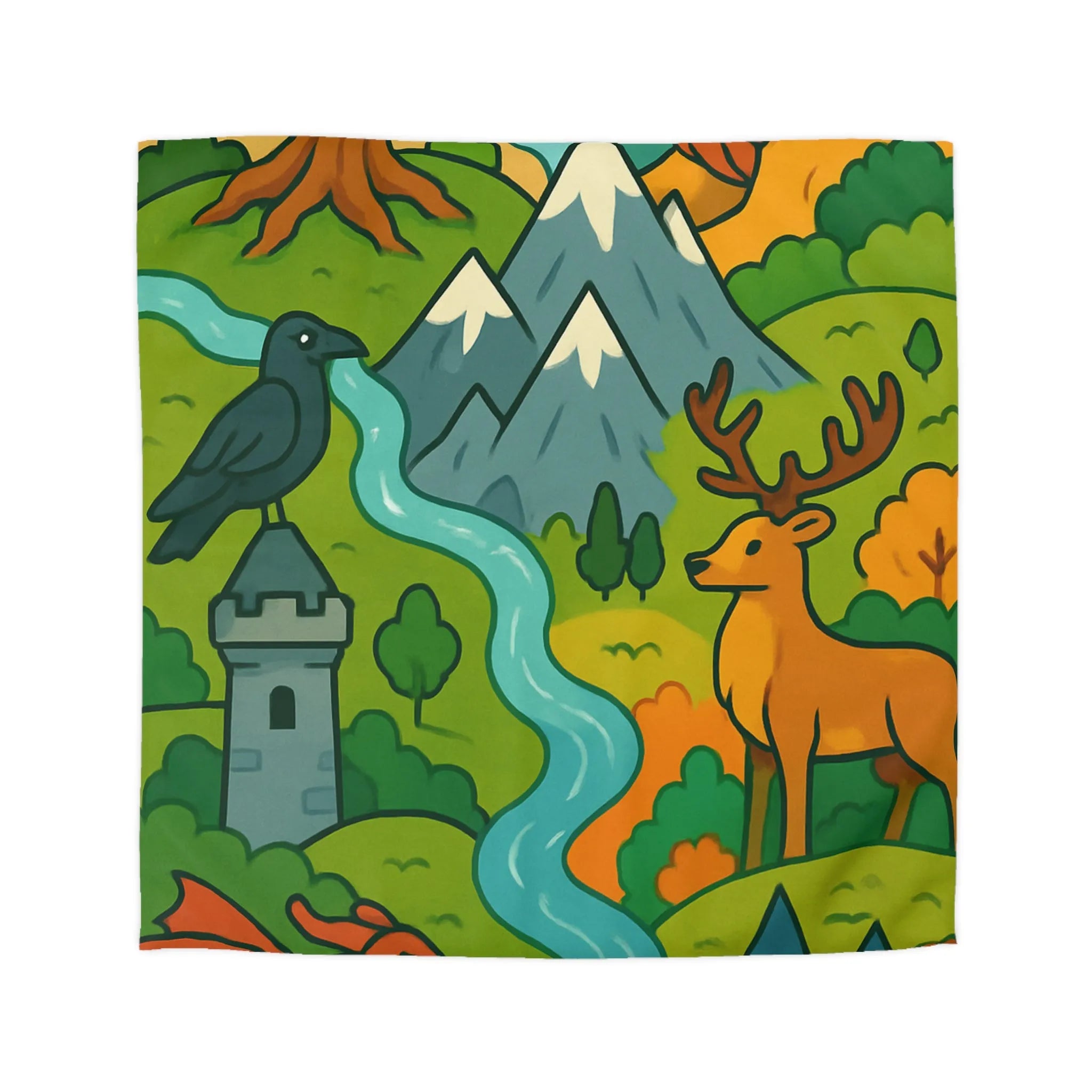 Housse de couette colorée avec motifs de nature, animaux et châteaux fantastiques magiques