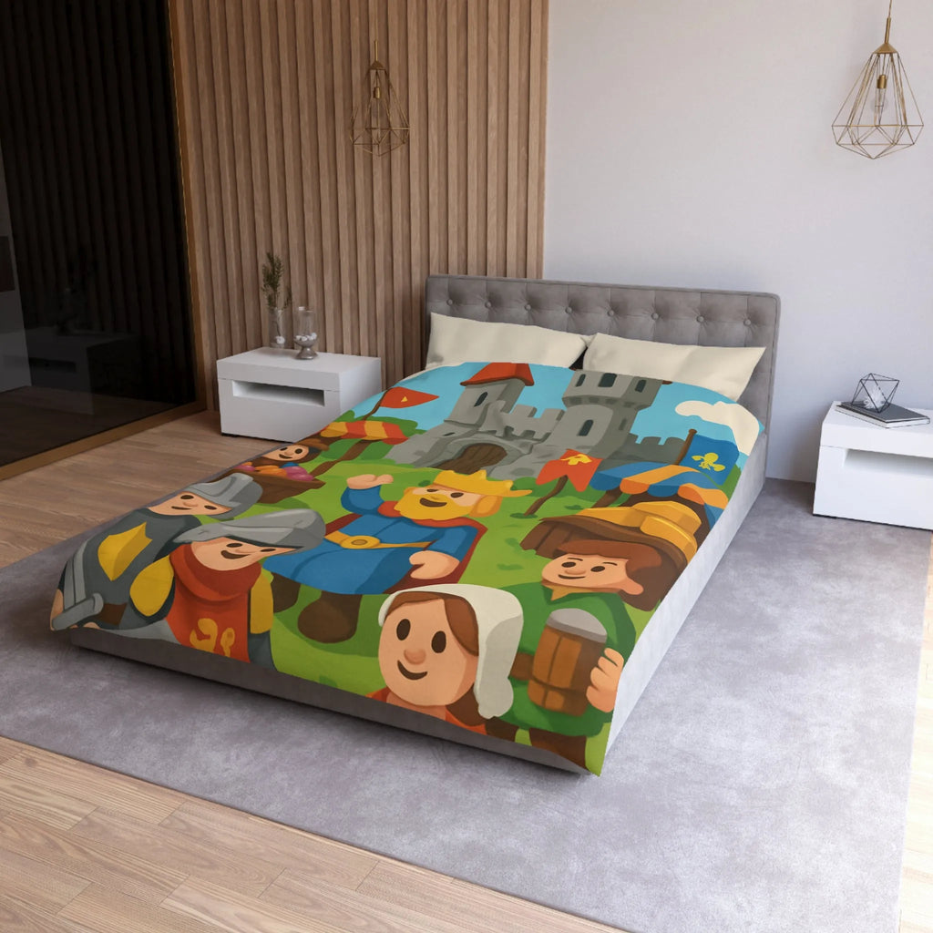 Housse de Couette Ludique Moyen Âge Château Roi et Marché Animé Coloré