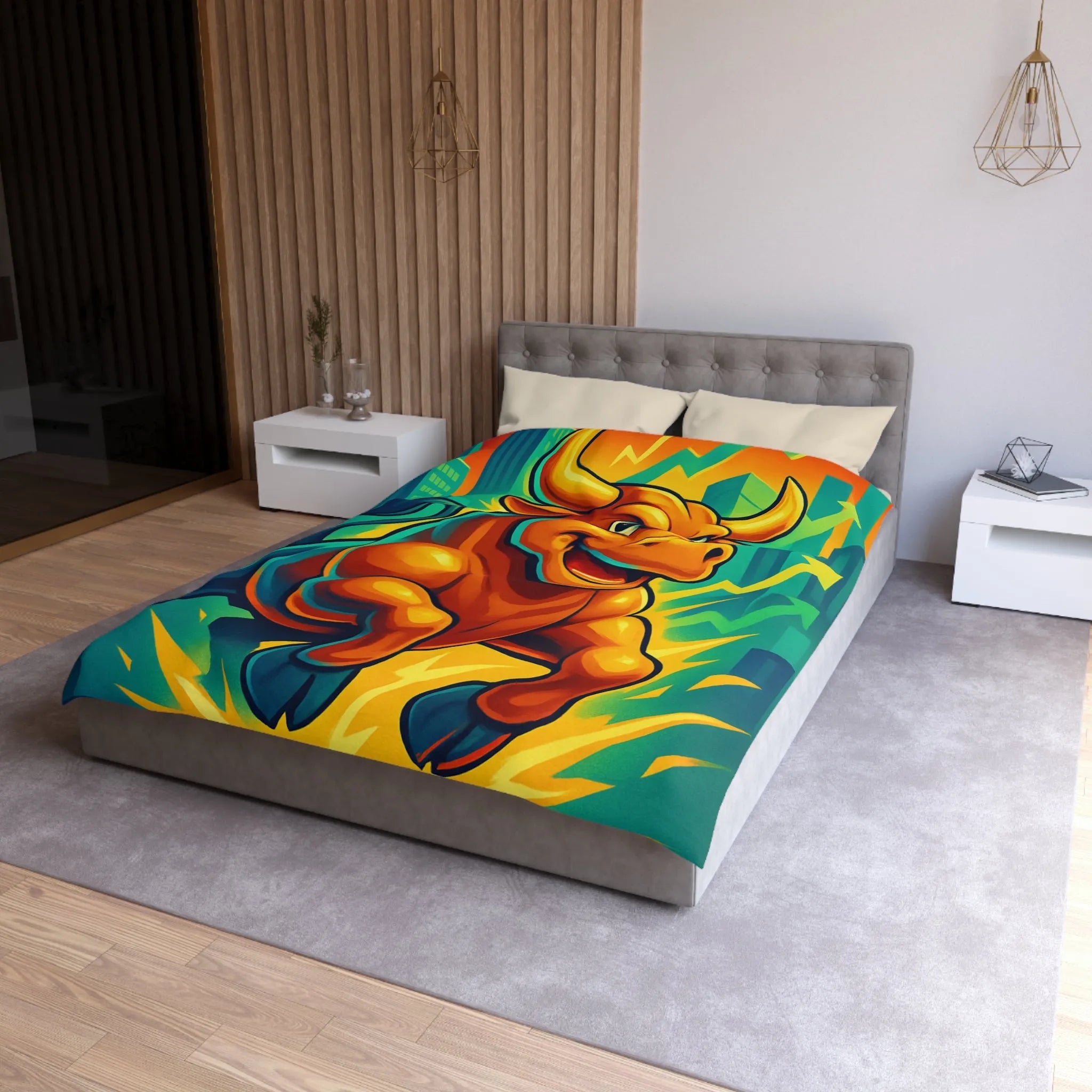 Housse de couette dynamique avec illustration de taureau énergique et motifs de croissance économique