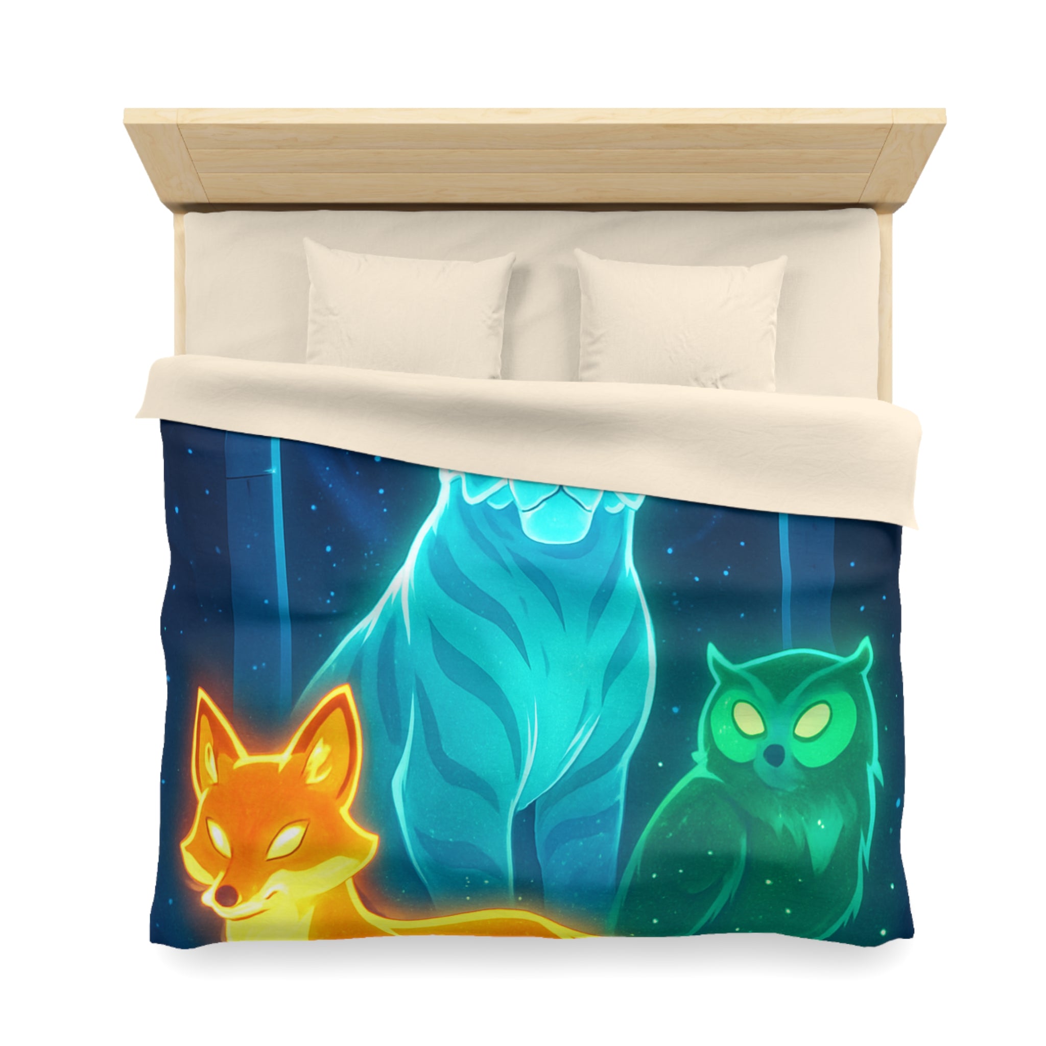 Mystérieuse housse de couette avec renard orange, tigre bleu, et hibou lumineux