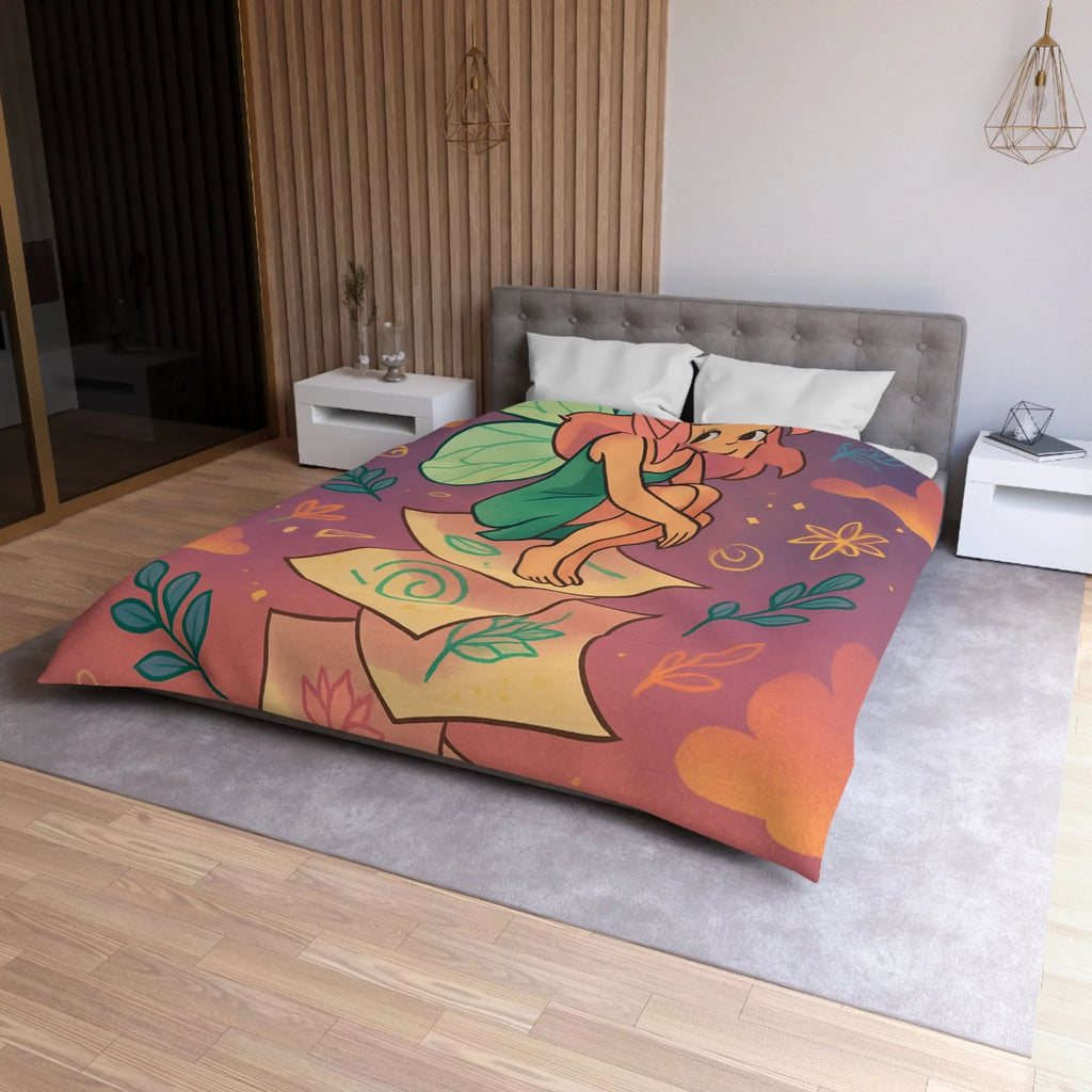 Housse de couette féerique avec fée aux ailes vertes et motifs floraux enchanteurs