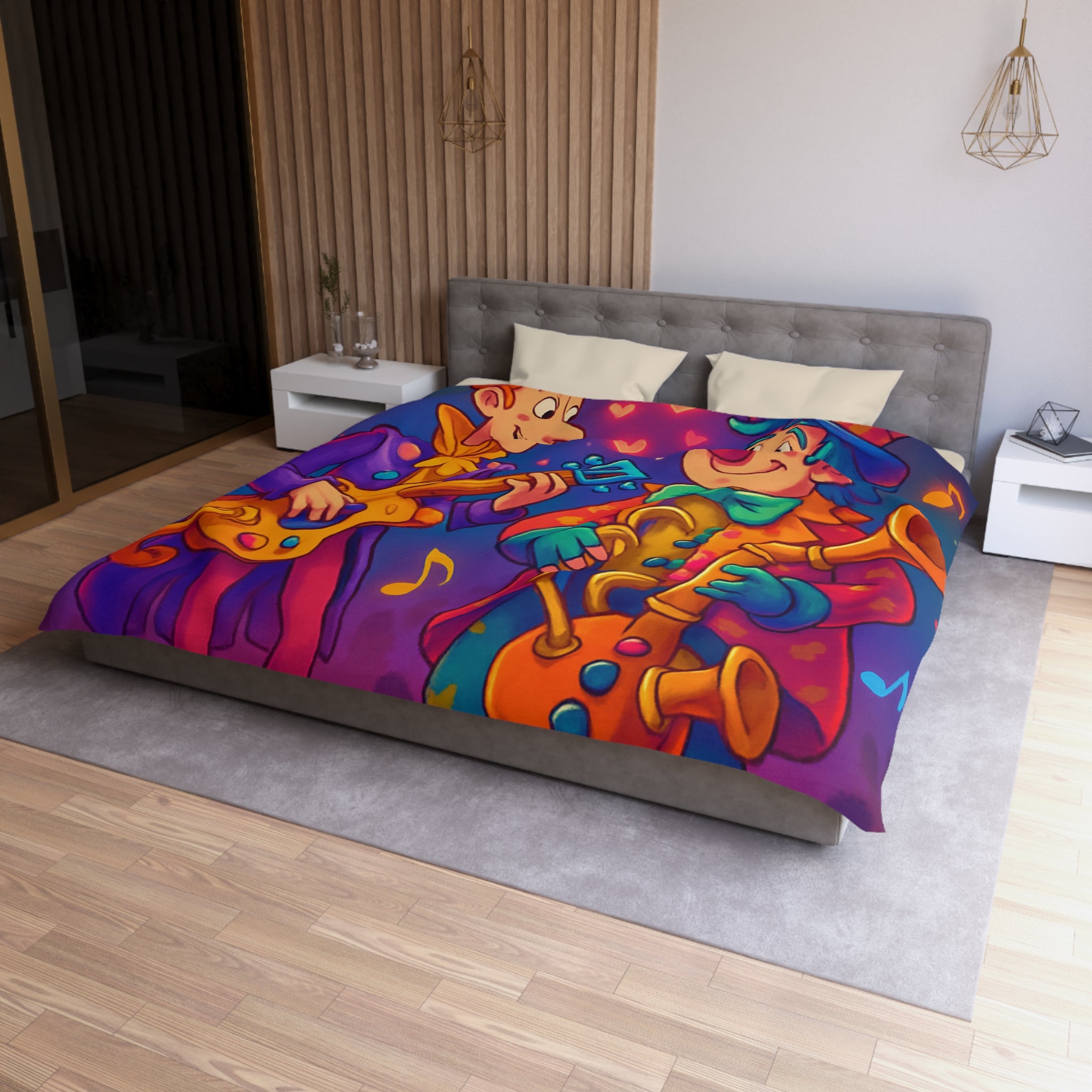 Housse de couette colorée avec musiciens joyeux jouant guitare et saxophone sous projecteurs