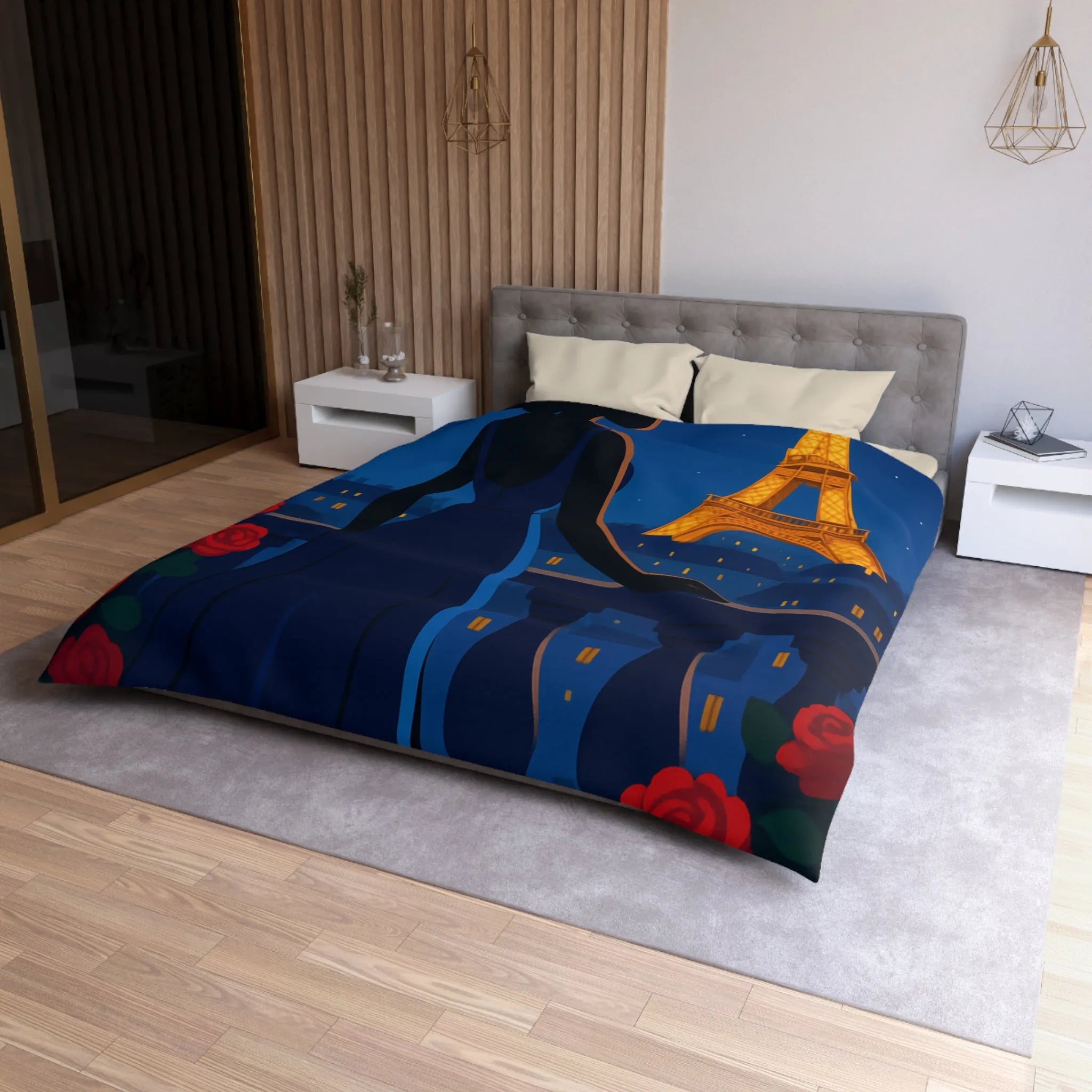 Housse de couette élégante avec vue nocturne sur Paris et roses rouges vibrantes