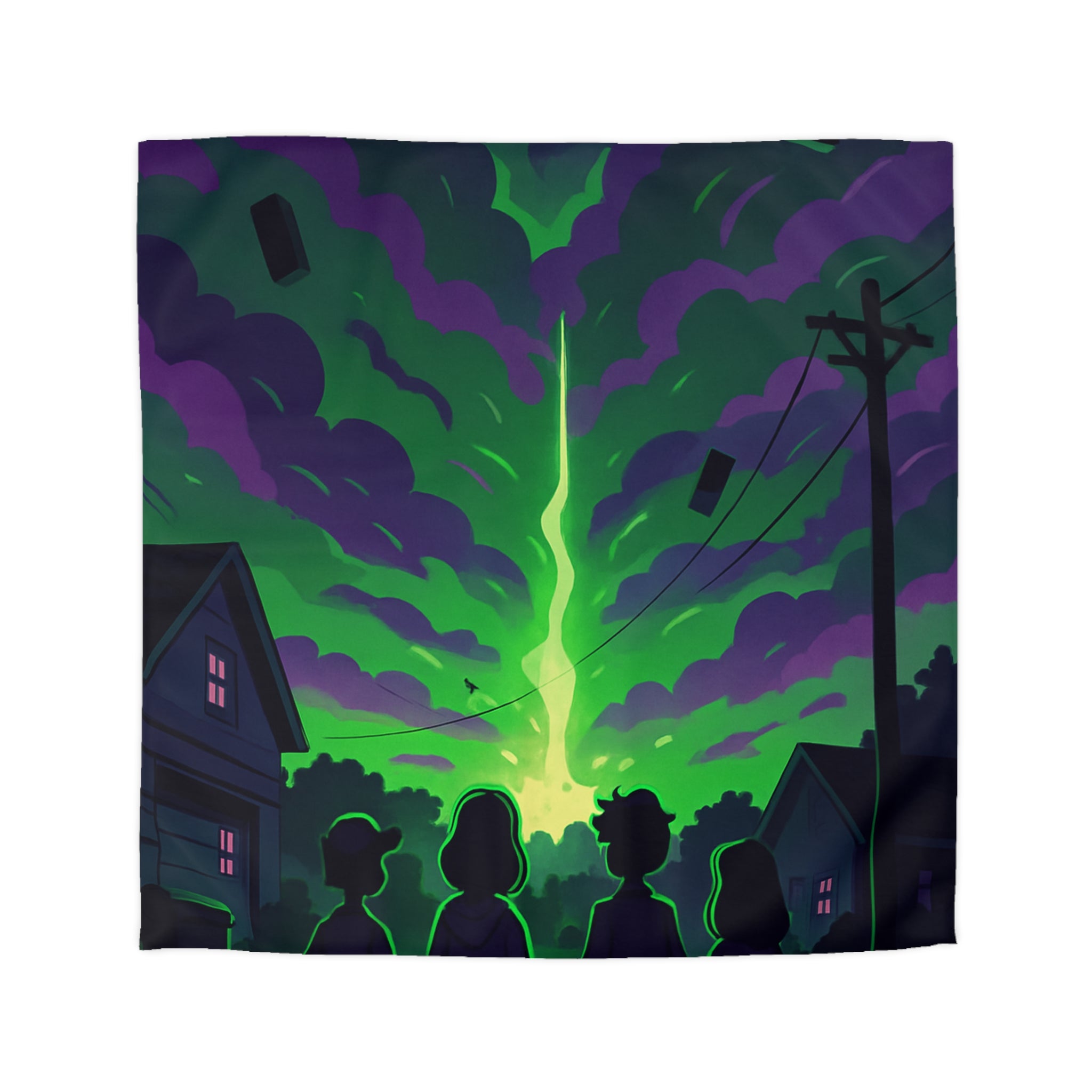 Housse de couette pour chambre avec ciel nocturne mystérieux et silhouettes d'enfants