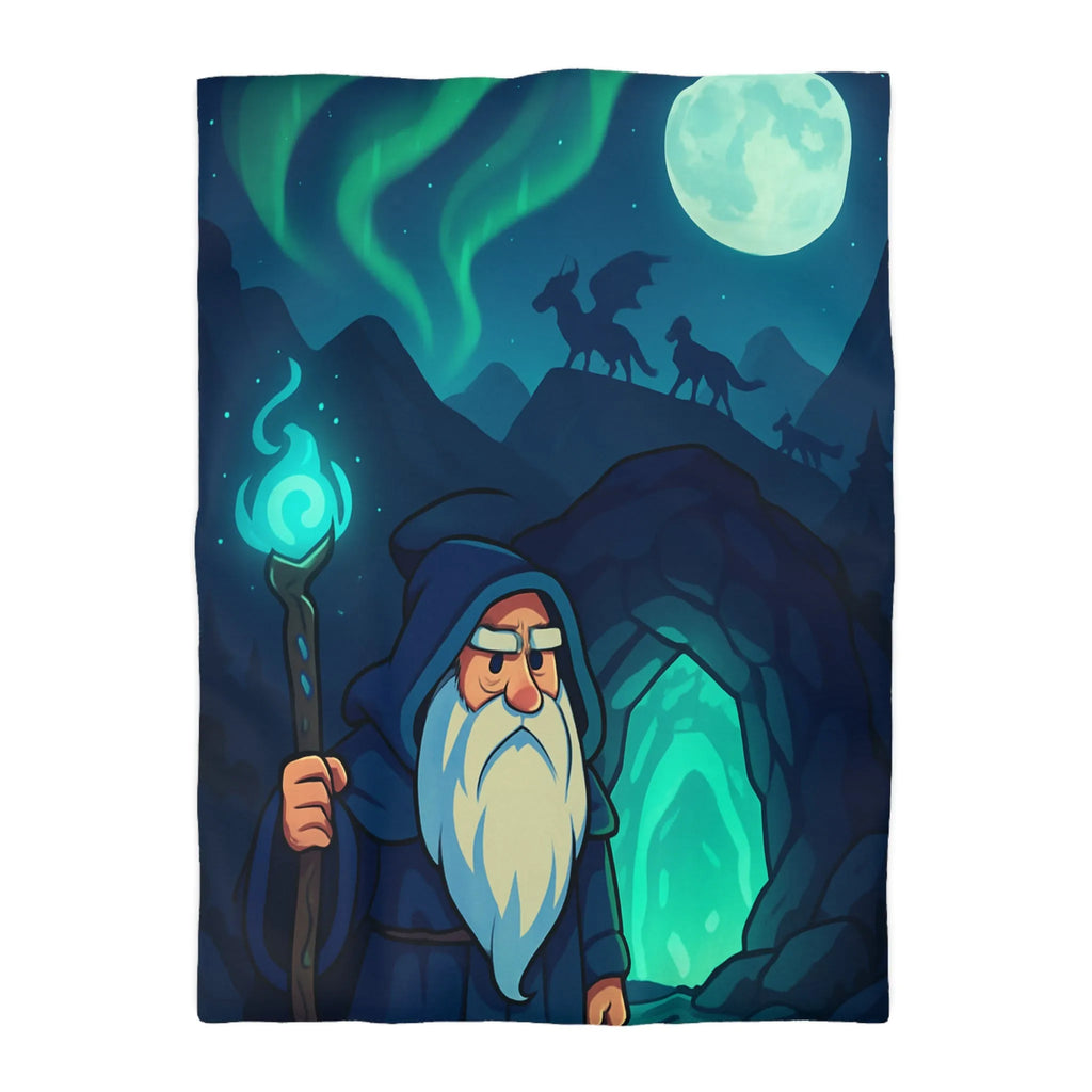 Housse de couette avec illustration de sorcier sous une aurore boréale et pleine lune