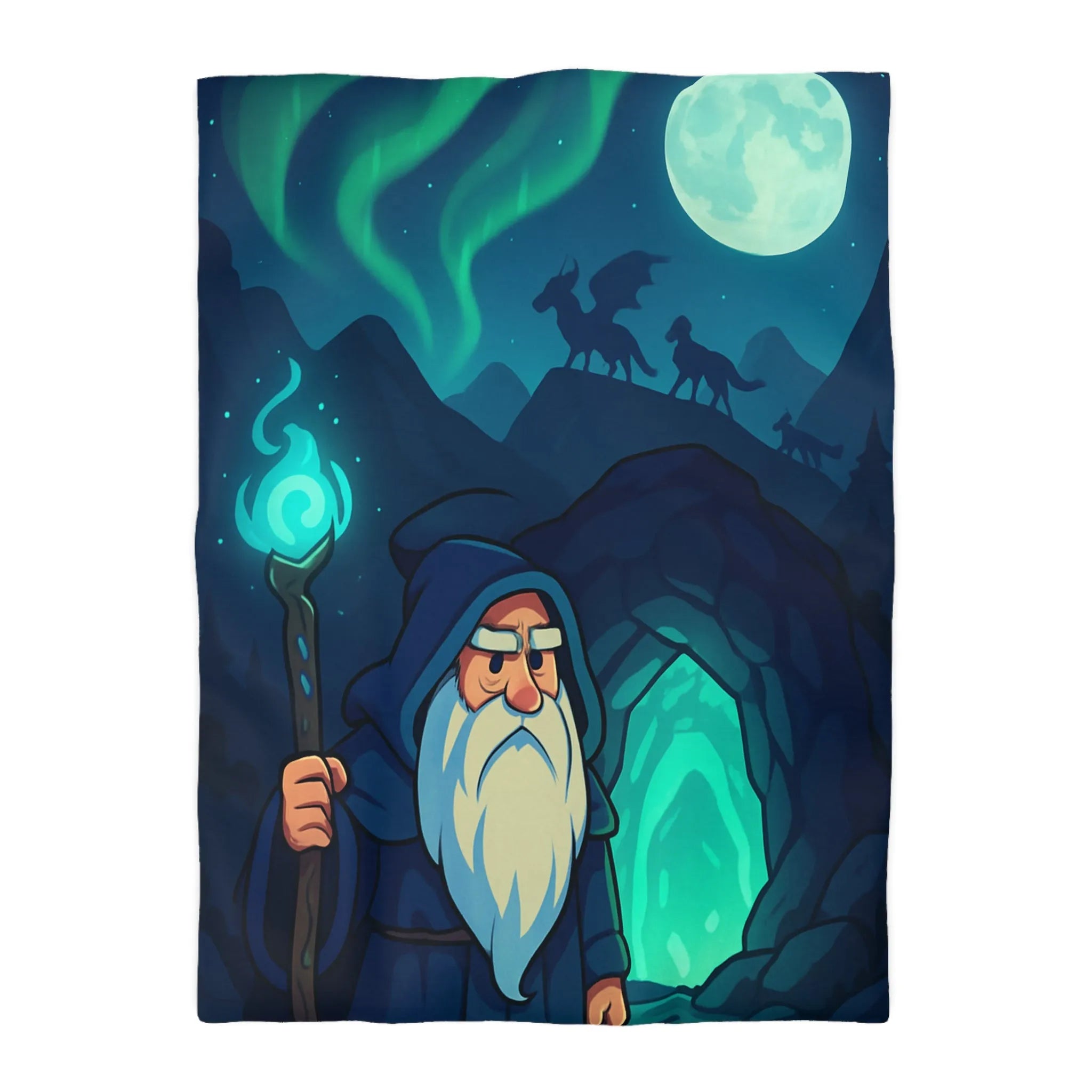 Housse de couette avec illustration de sorcier sous une aurore boréale et pleine lune