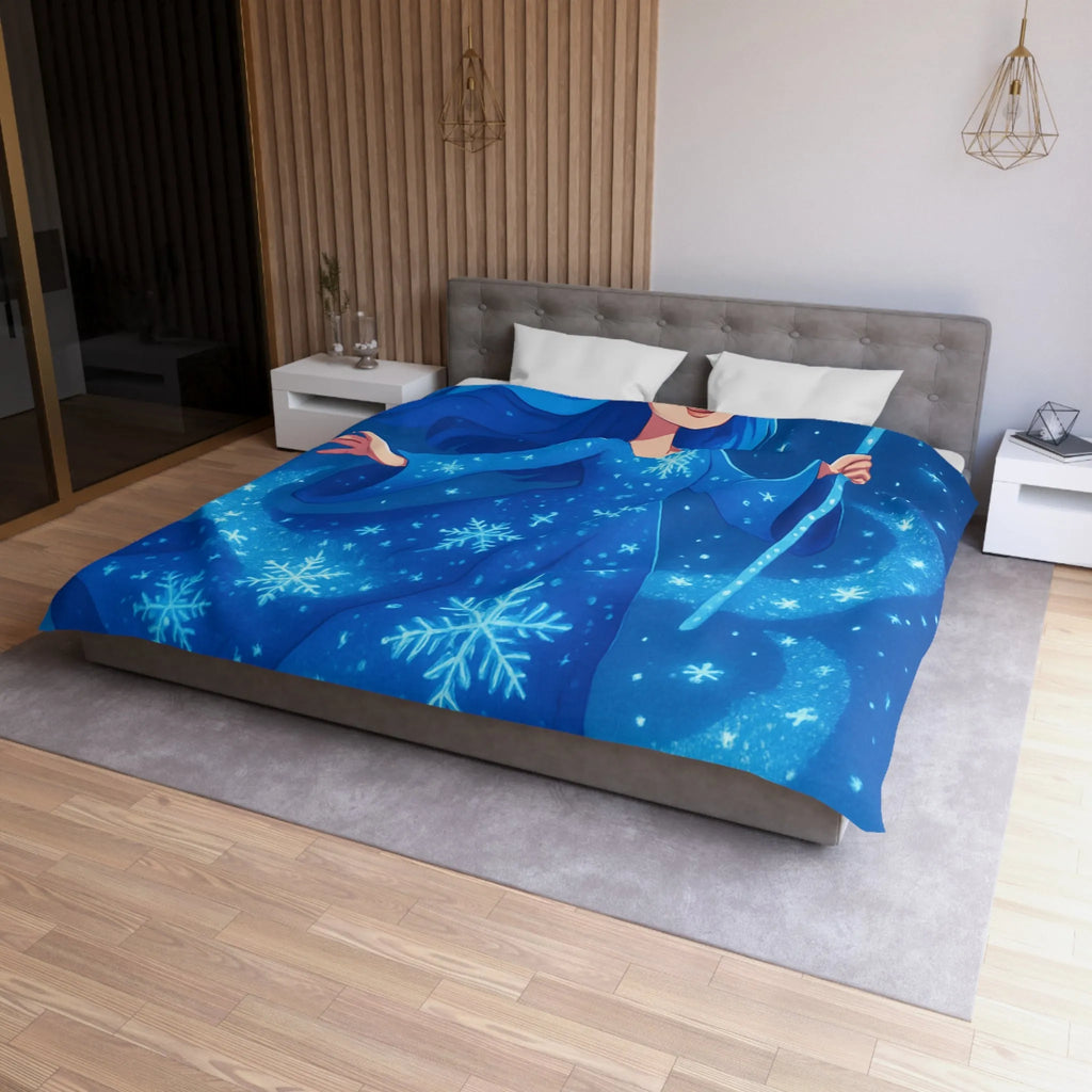 Housse de couette enfantine bleue avec fée magique dans ciel étoilé hivernal