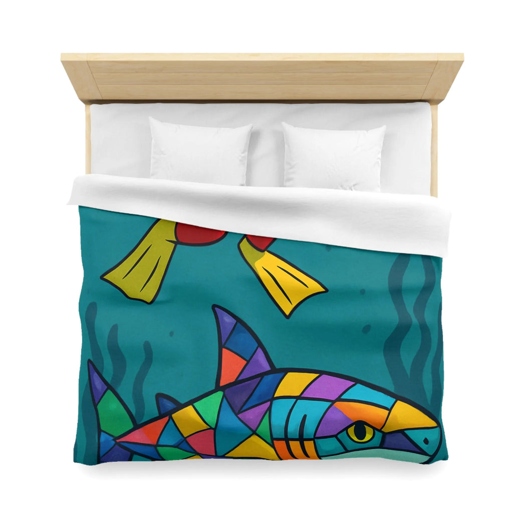 Housse de couette colorée avec plongeur effrayé et requin multicolore