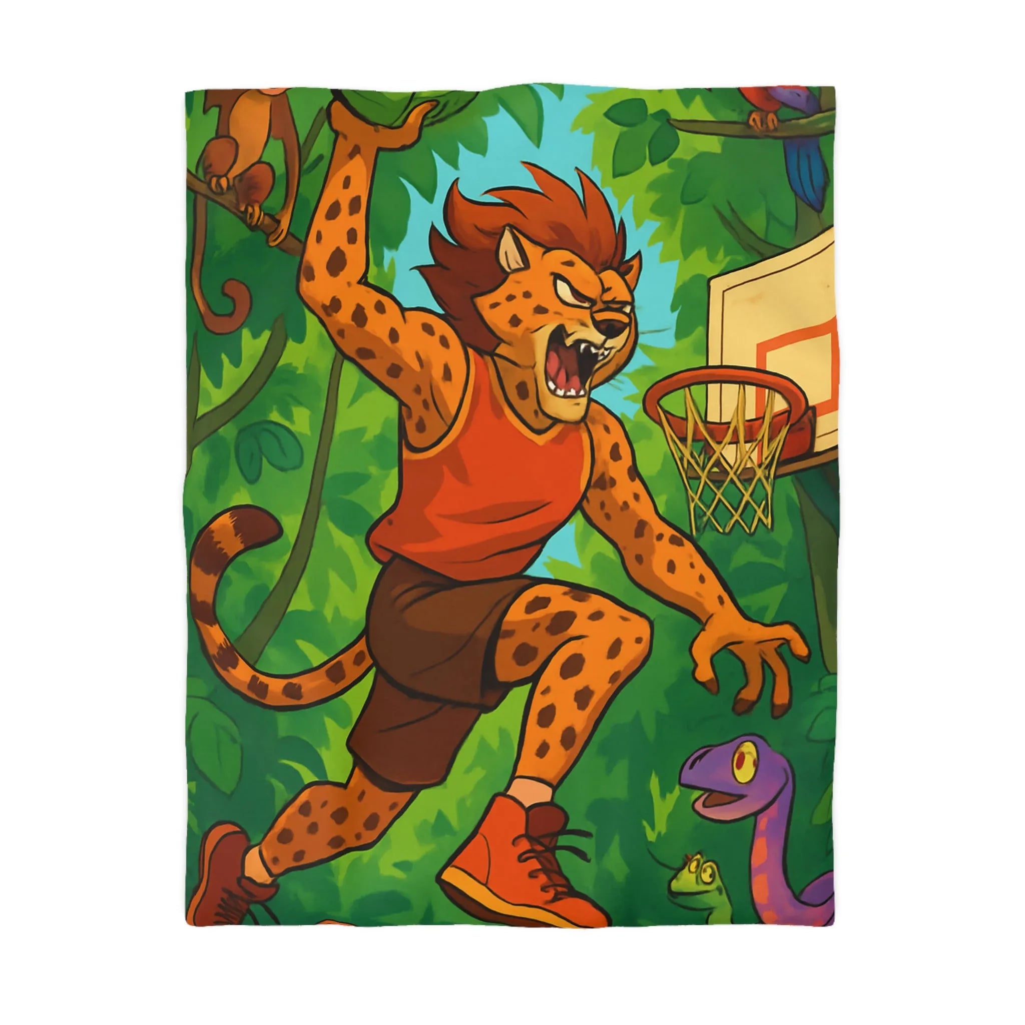 Housse de couette jungle dynamique avec lionceaux jouant au basket dans la forêt