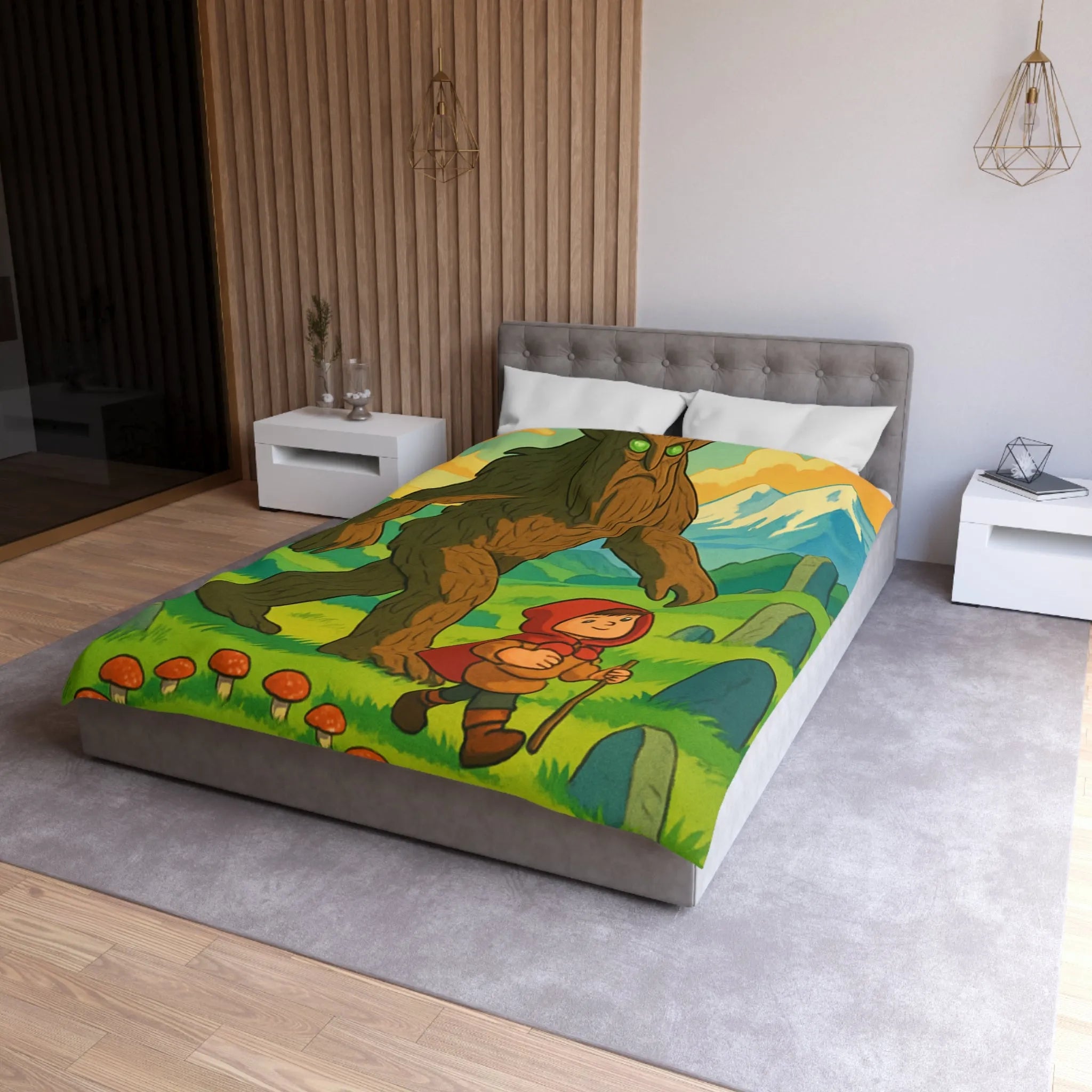 Housse de Couette Magique avec Créature Forestière et Enfant à la Cape Rouge