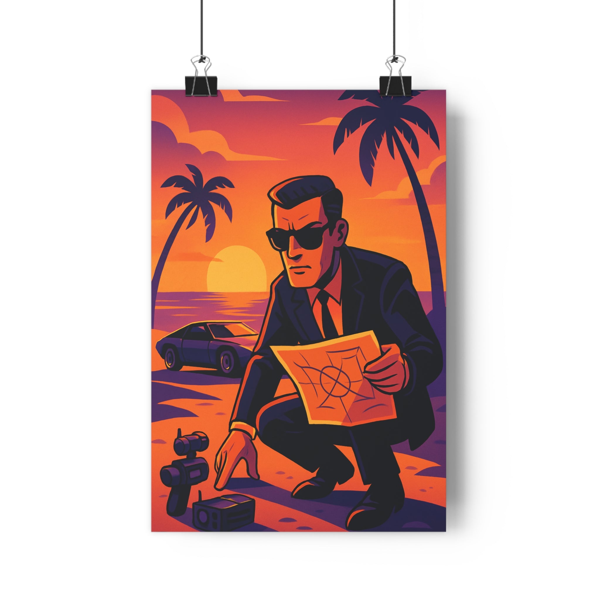 Poster décoratif agent secret exotique rétrofuturiste coucher soleil plage palmiers costume lunettes mystérieux vintage