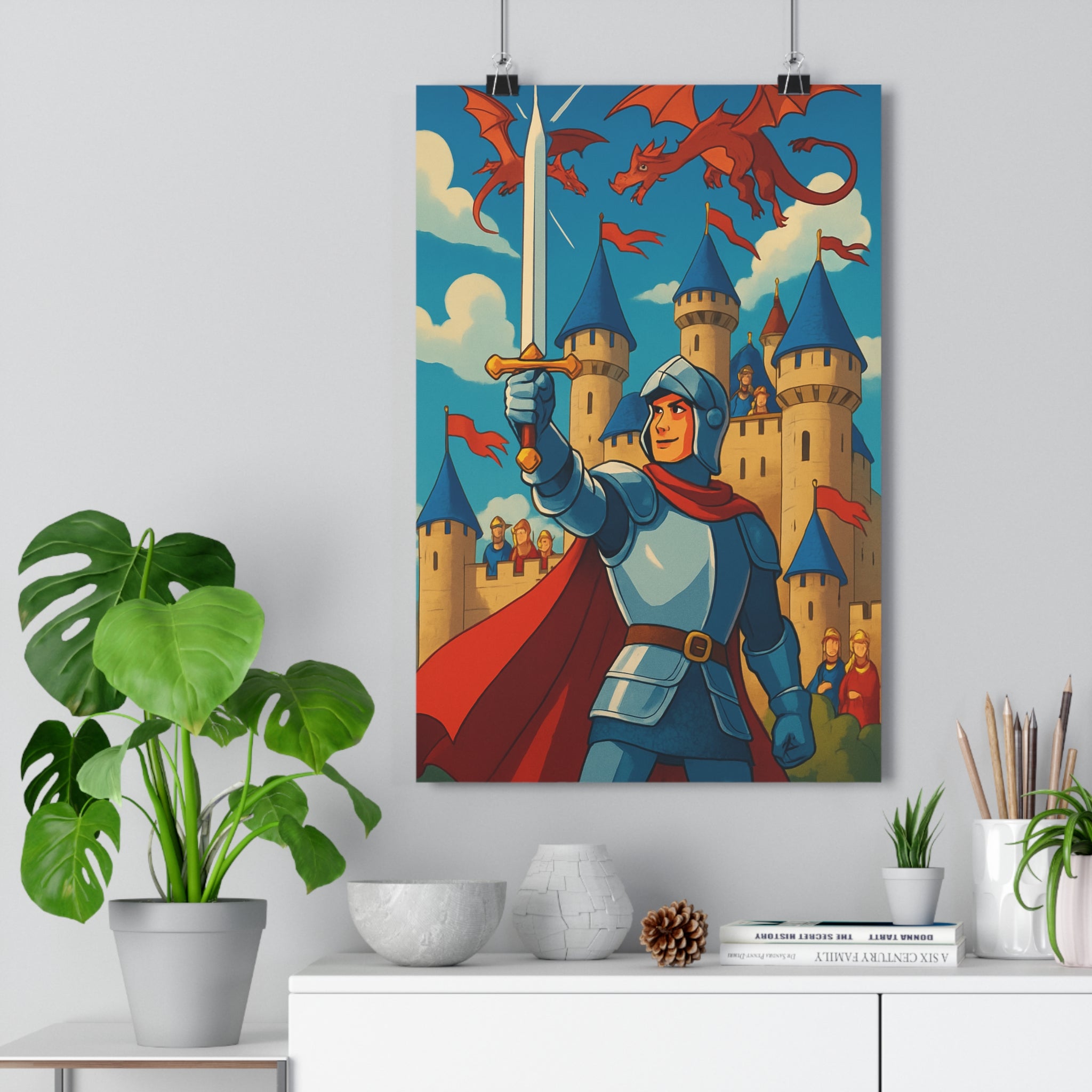 Poster décoratif chevalier épée dragons rouges bleu aventure épique cartoon enfant chambre 30x46 médiéval