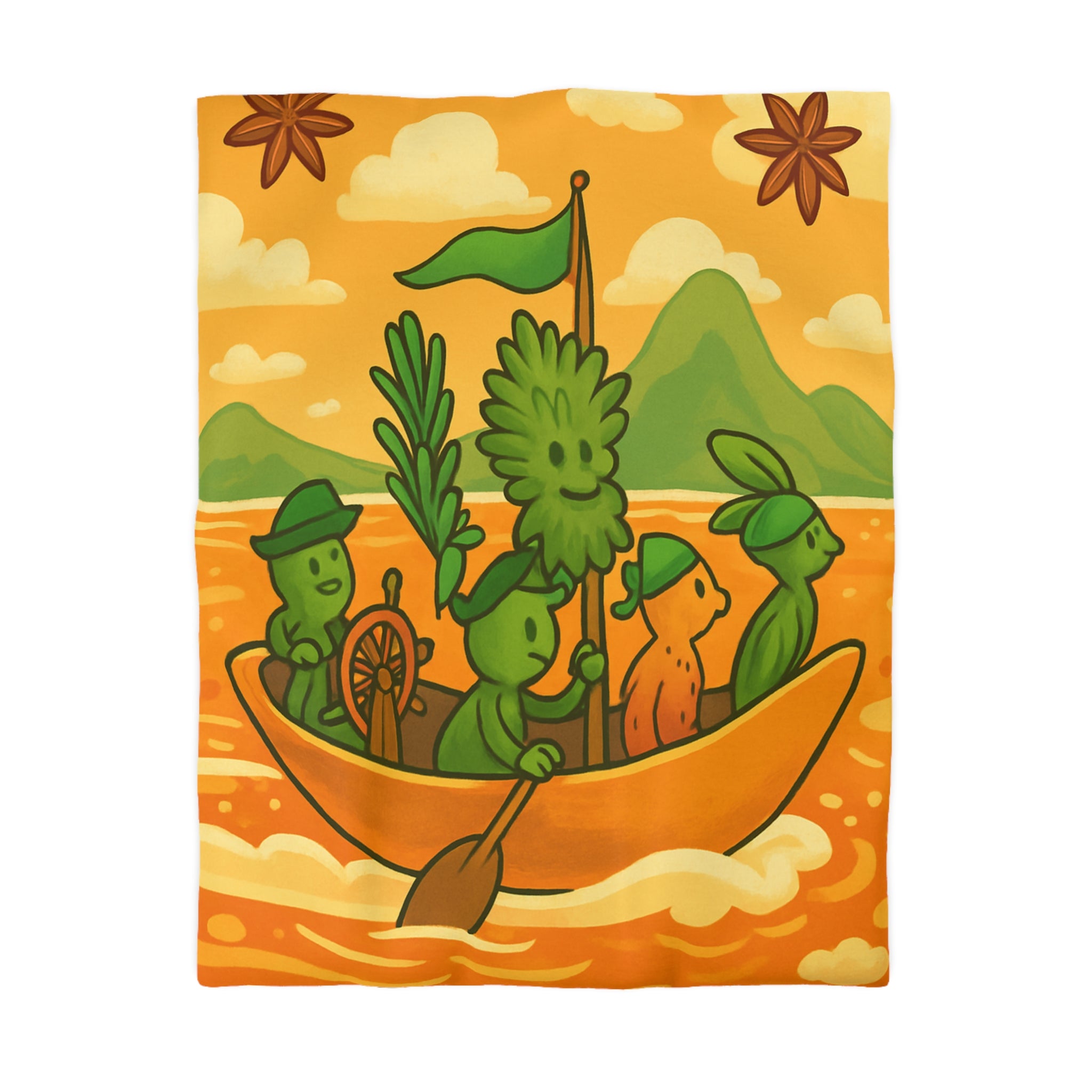 Housse de couette originale avec personnages verts naviguant sur mer orangée ludique