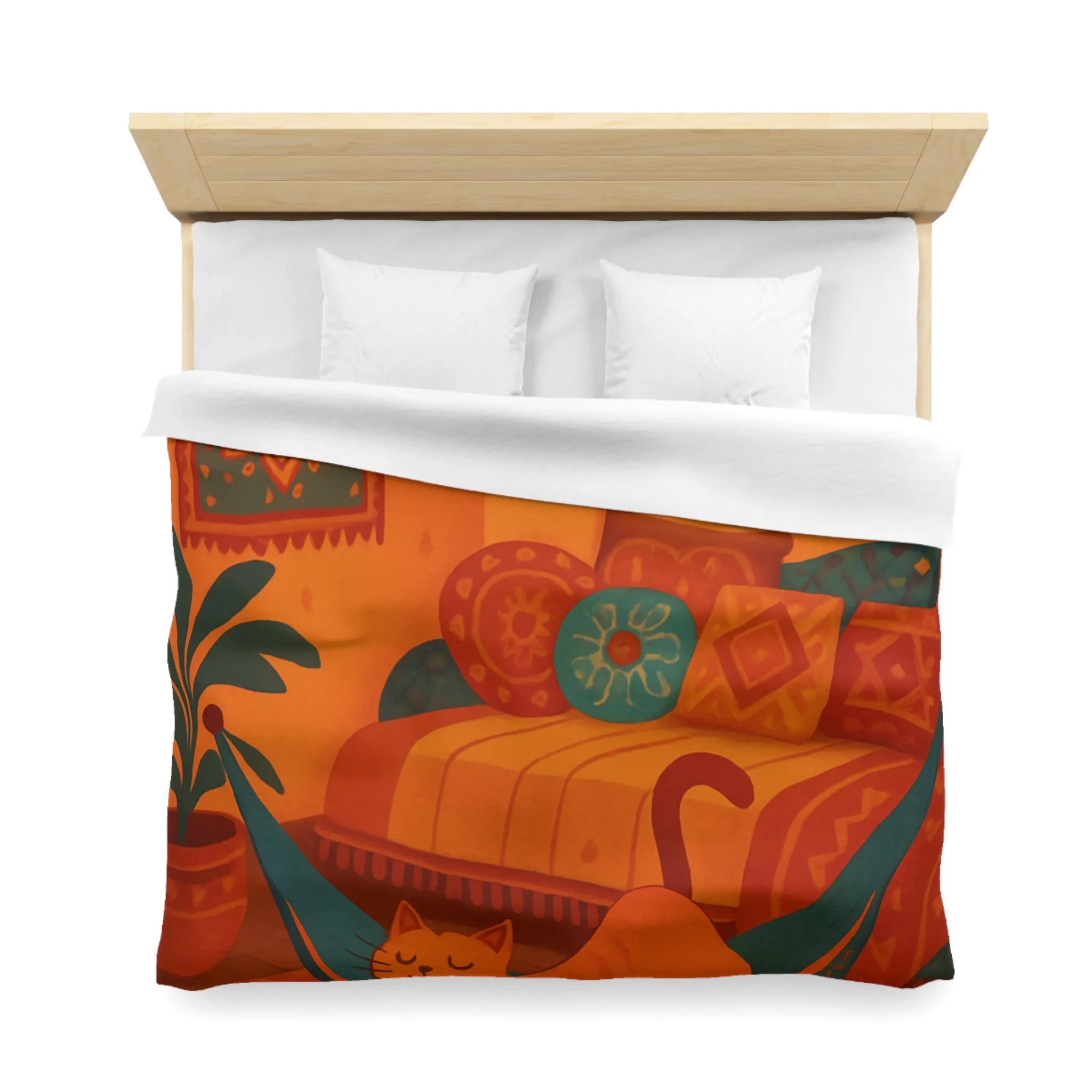 Housse de couette bohème avec motifs mandala et chat dans des tons chauds