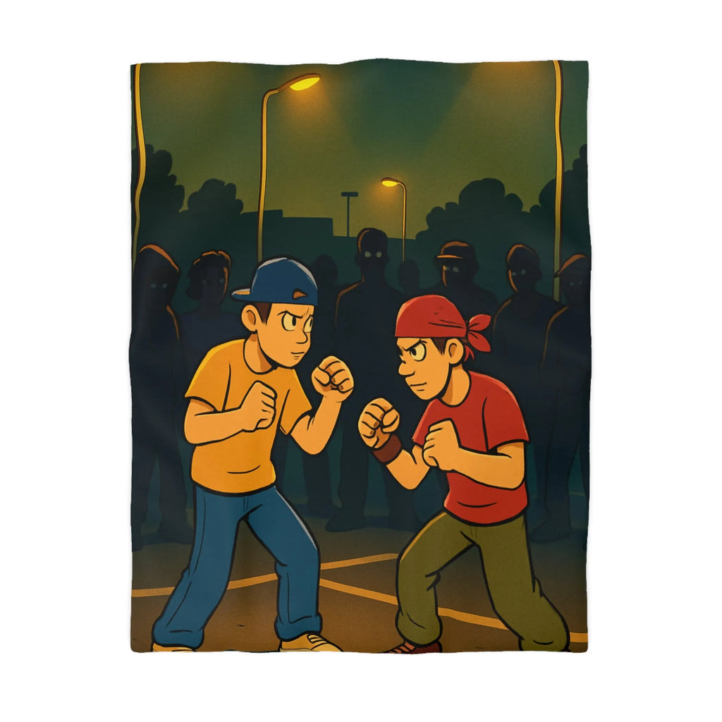 Housse de couette avec illustration urbaine de deux boxeurs sous lampadaires la nuit