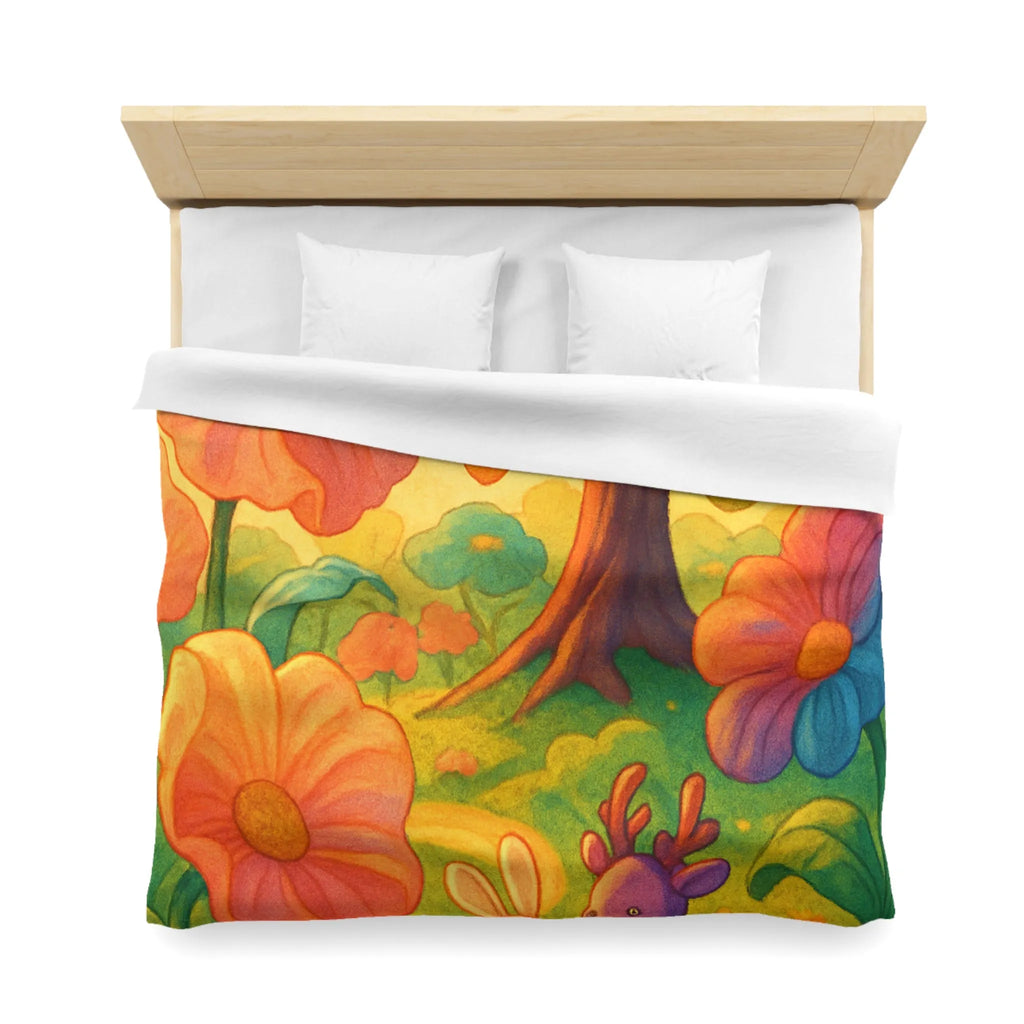 Housse de couette avec animaux mignons et fleurs colorées dans une forêt féerique