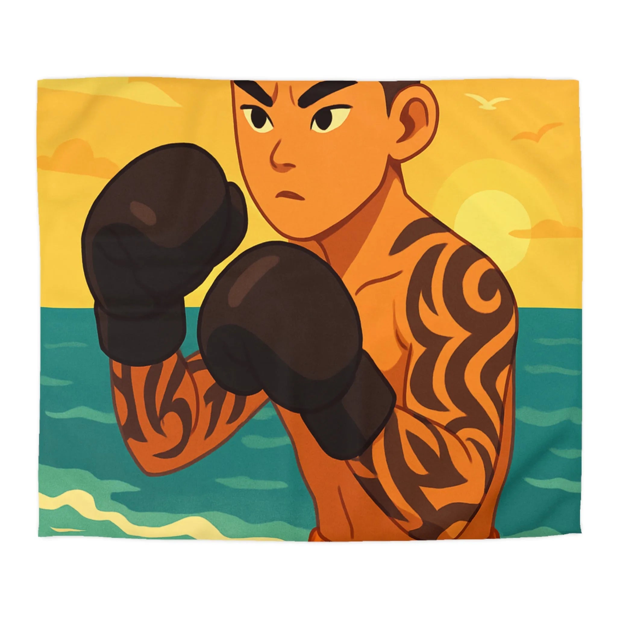 Housse de Couette Boxeur sur Plage Tropicale avec Coucher de Soleil et Mouettes Volantes