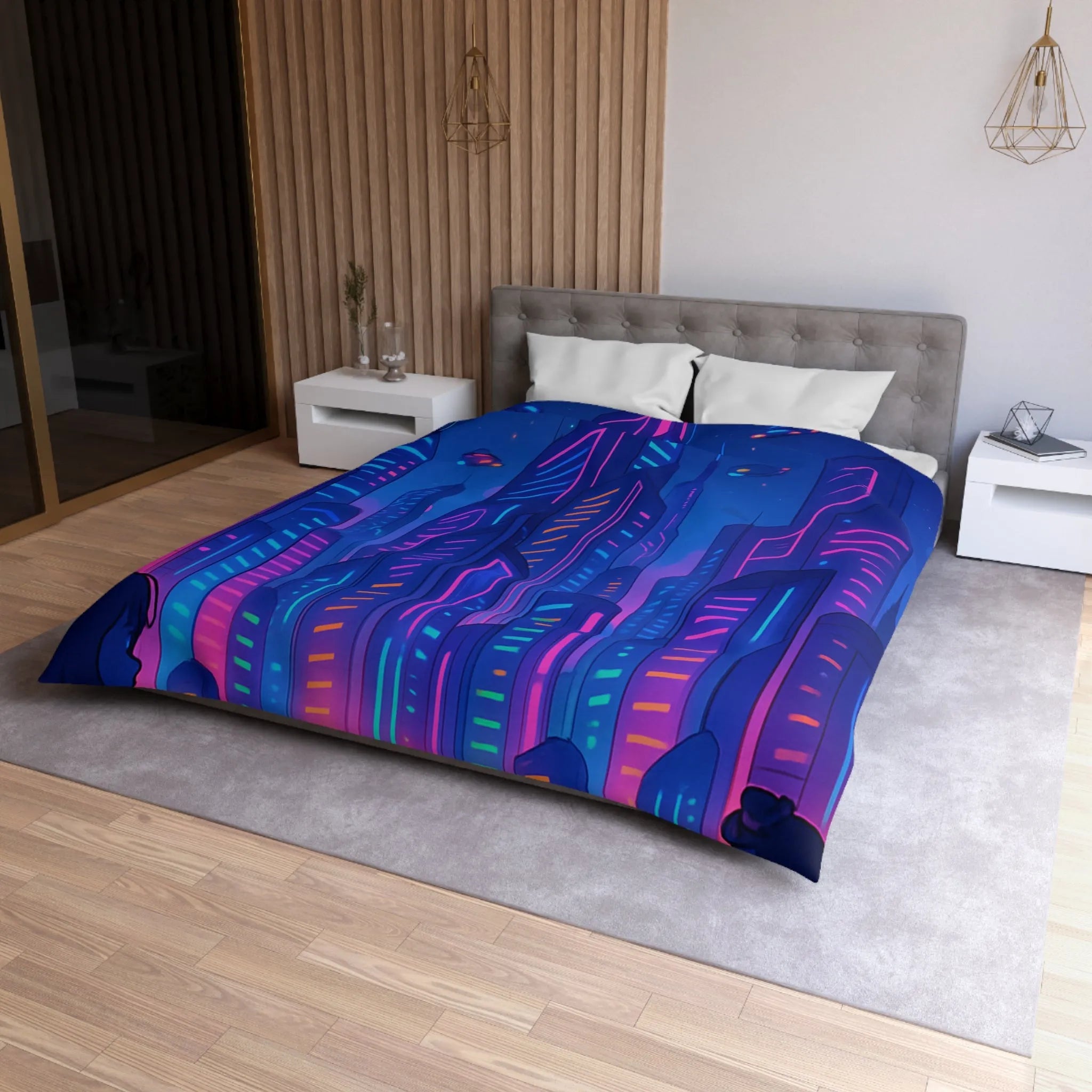 Housse de Couette Futuriste avec Gratte-Ciels Néons et Vaisseaux Spatiaux Lumineux pour Enfants