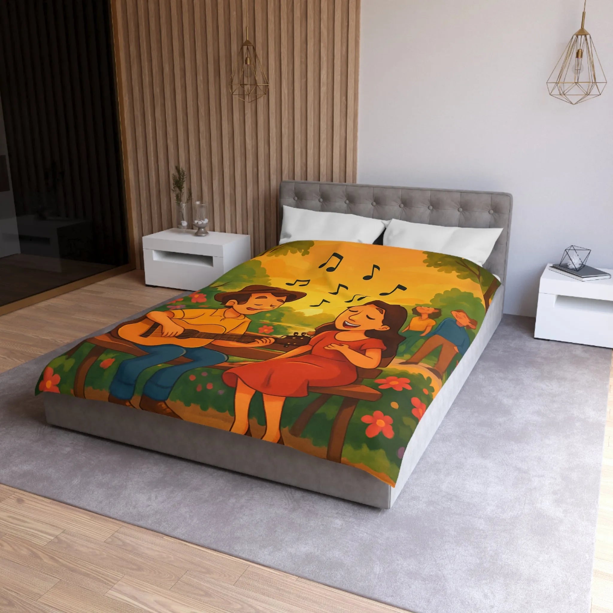 Housse de couette idéale avec illustration douce de couple romantique et coucher de soleil