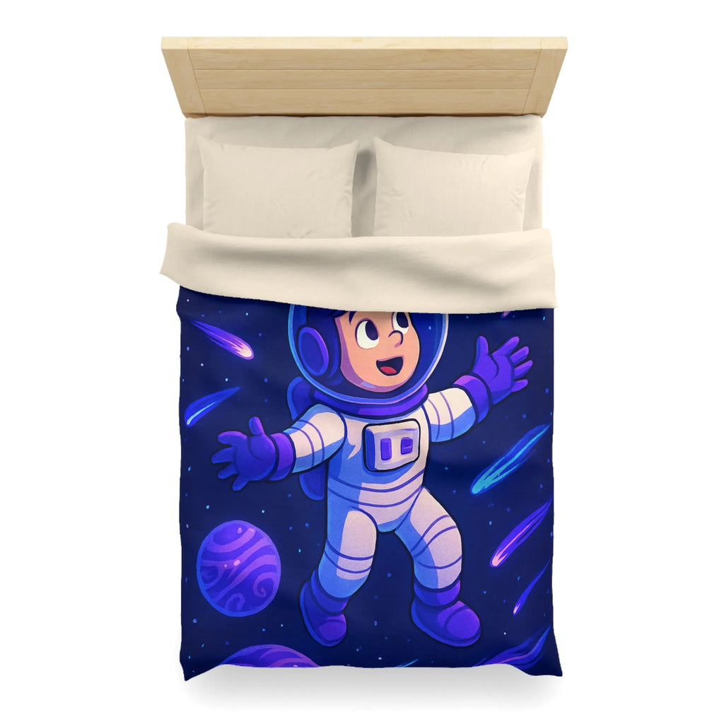 Housse de couette enfant thème espace avec astronaute et planètes colorées violettes