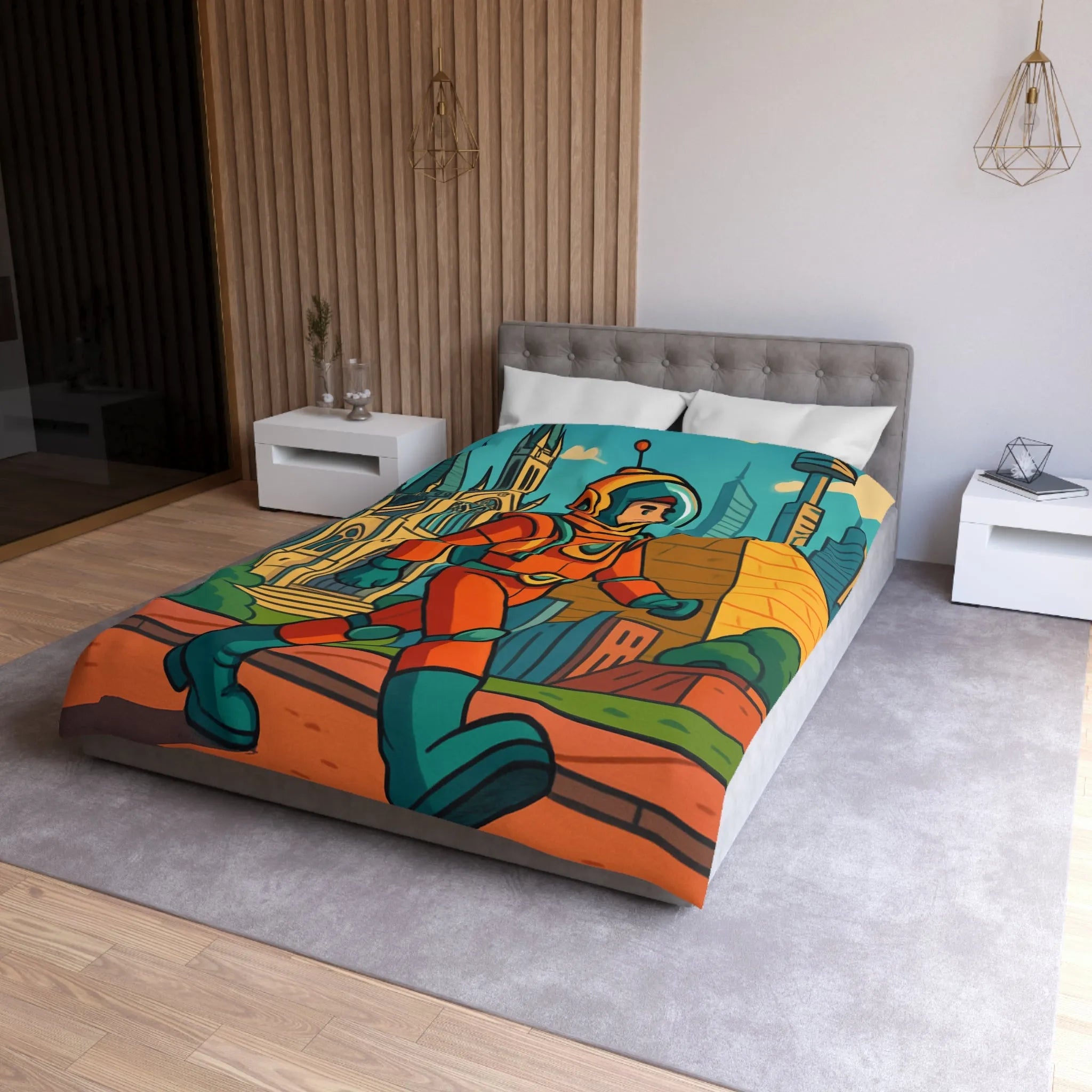 Housse de Couette Astronaute avec Paysages Urbains et Architecturaux, Couleurs Vives et Design Moderne