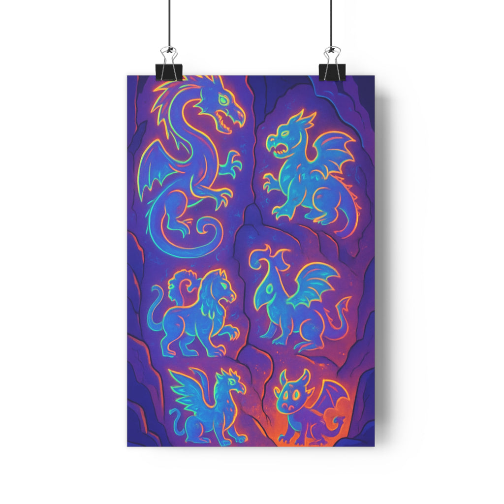 Poster décoratif créatures fantastiques bleu violet orange mystique fantaisie chambre enfant 30x46 lumineux ambiance