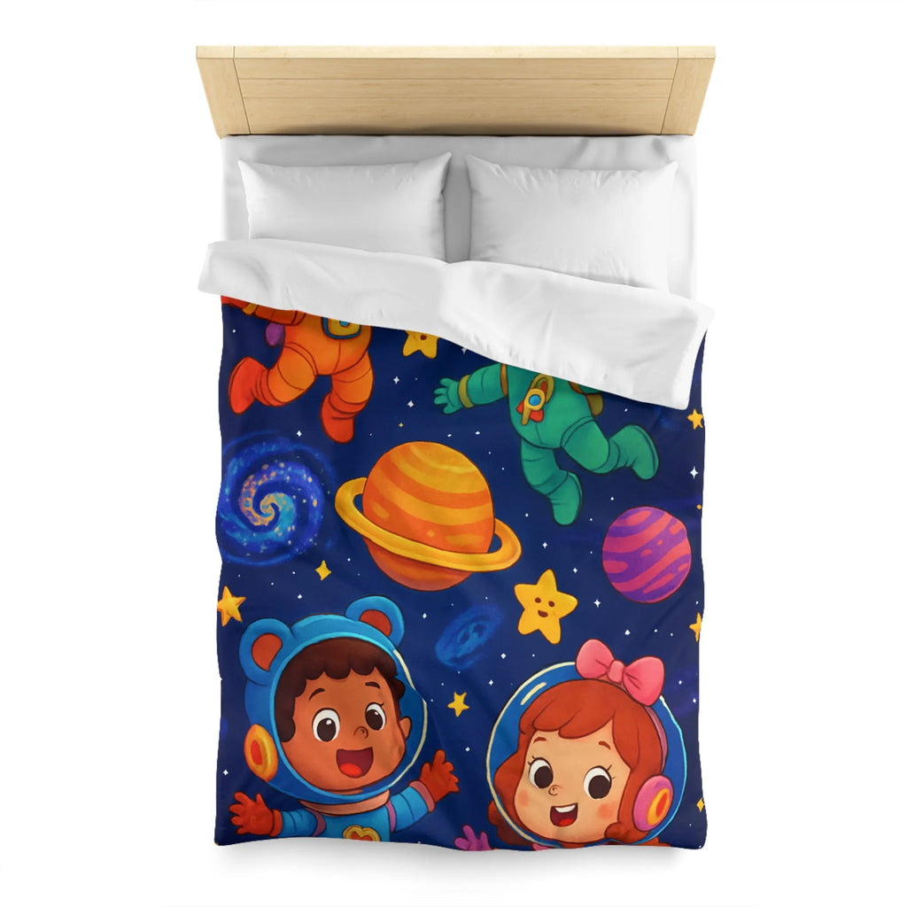 Housse de Couette Enfant : Aventure Cosmique avec Astronautes et Étoiles Colorées Stylisées