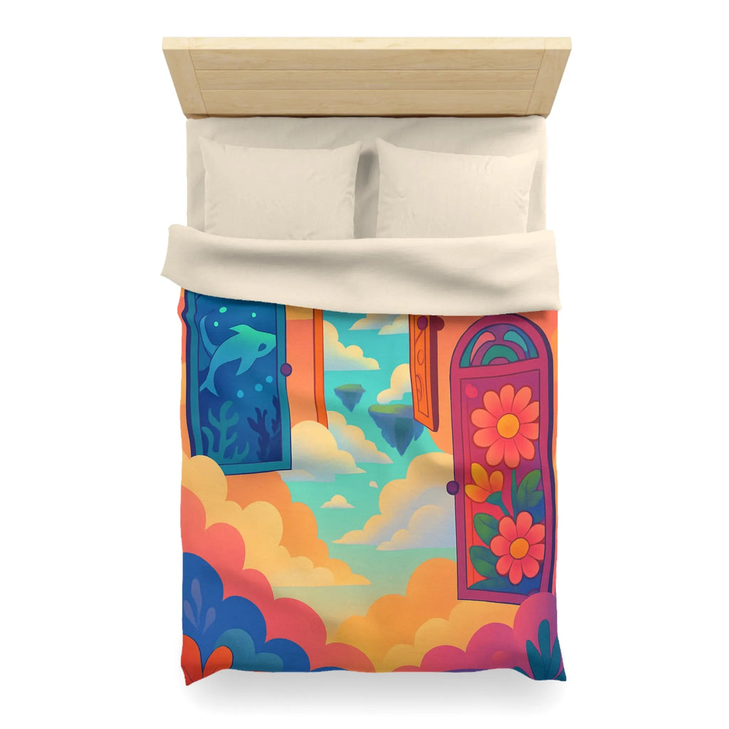 Housse de couette colorée avec trois portes magiques et paysages oniriques enchanteurs