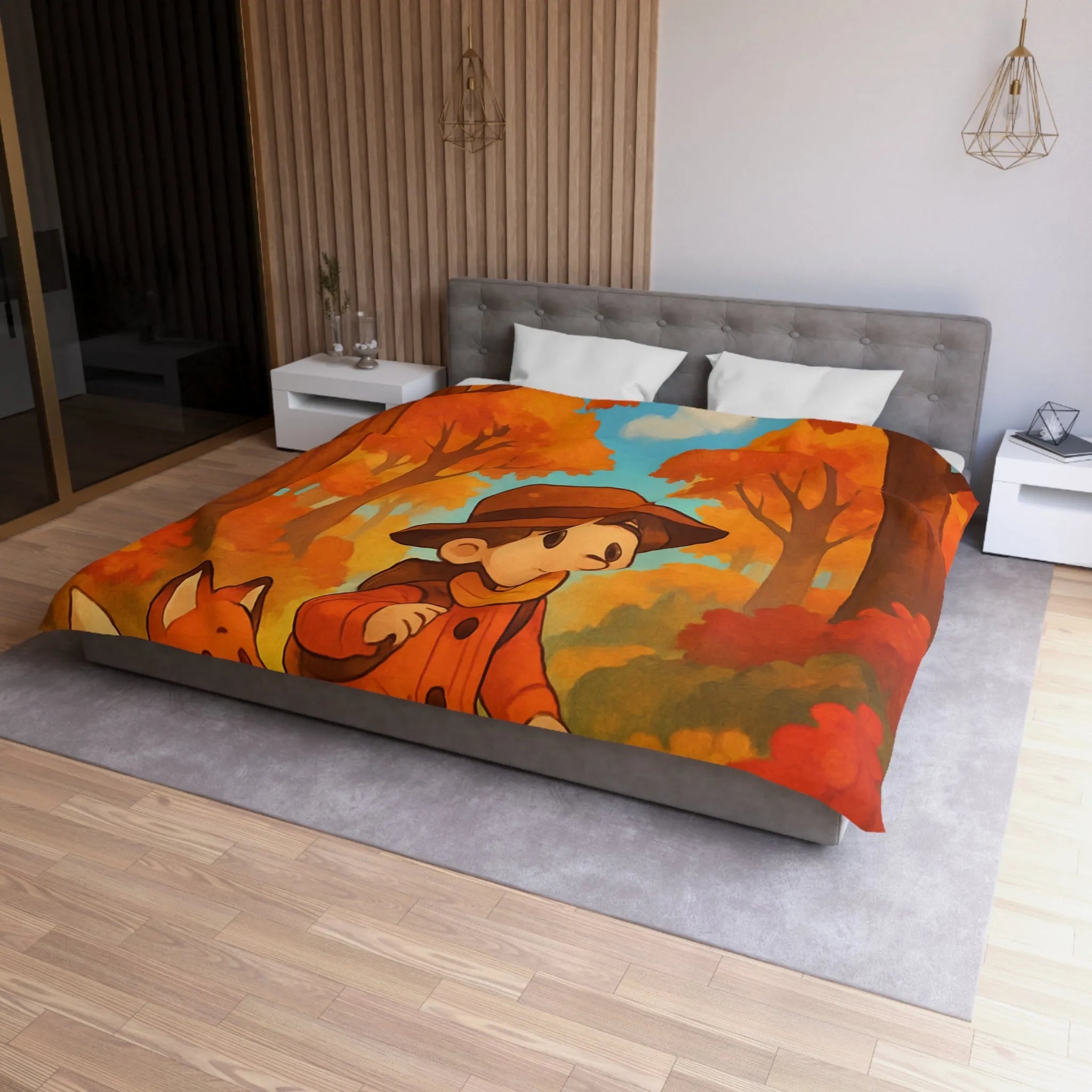 Housse de couette enfant colorée aux tons automnaux avec un renard et un garçon