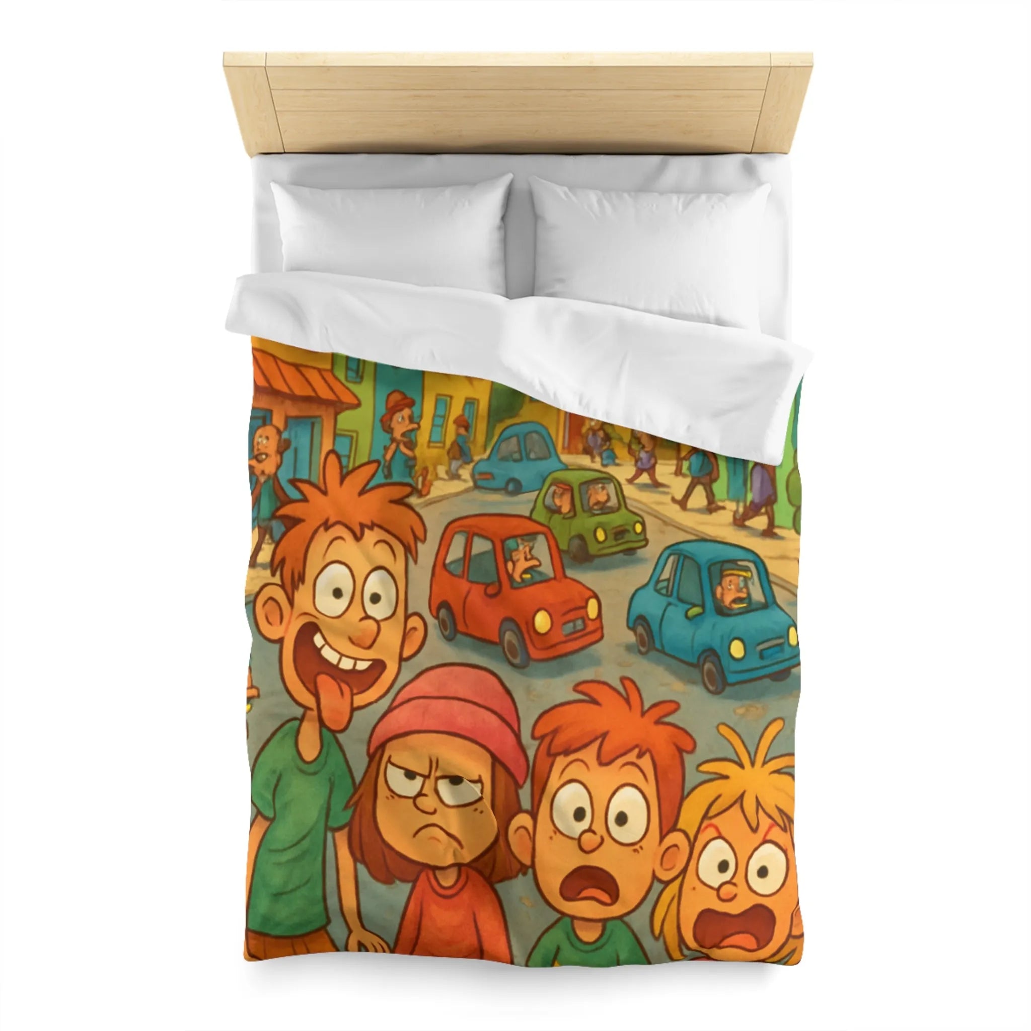 Housse de couette enfants joyeuse ville animée avec personnages colorés et expressions vives