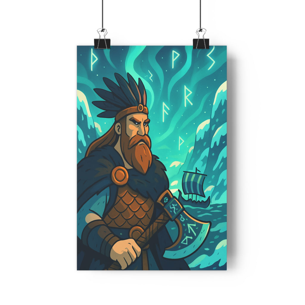 Poster décoratif épique guerrier nordique bleu vert mystique salon chambre bureau ambiance légendaire montagne