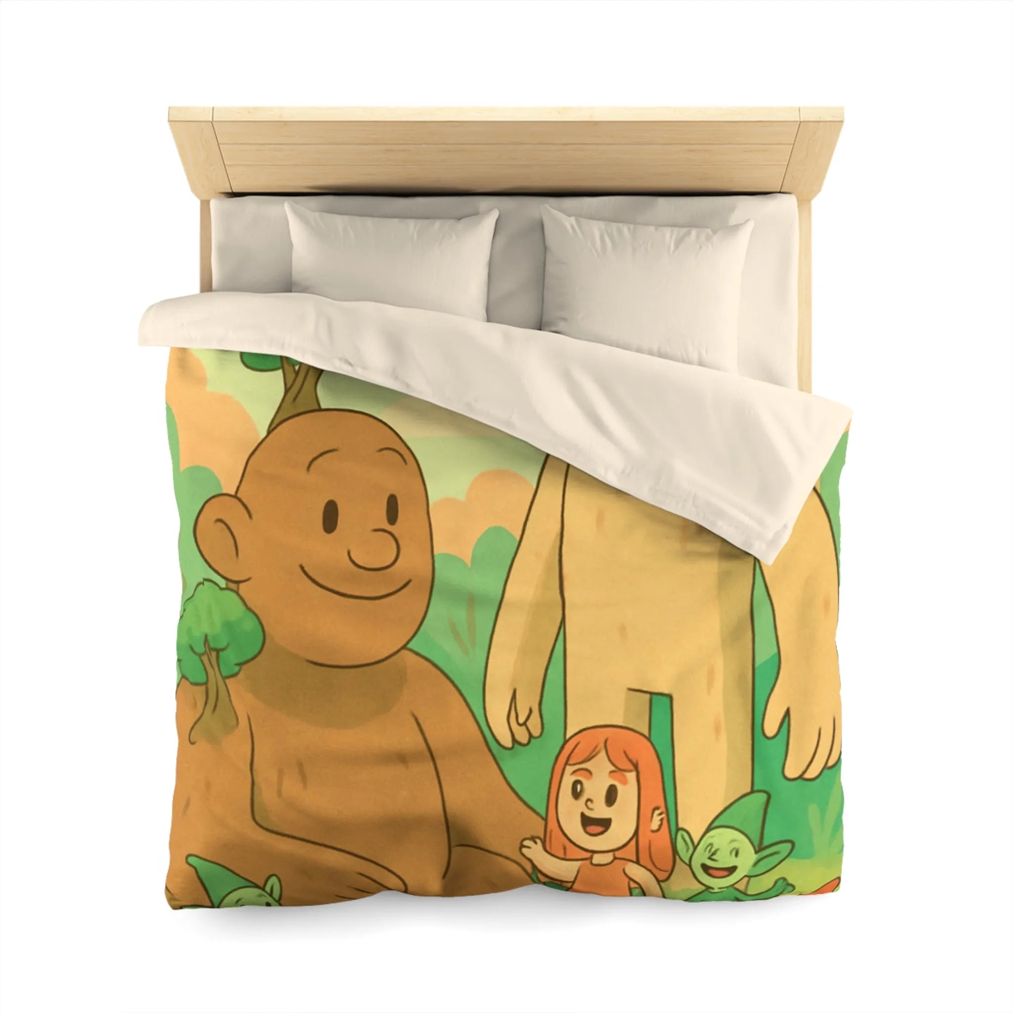 Housse de couette fantastique avec géants arborés et lutins dans une forêt enchantée