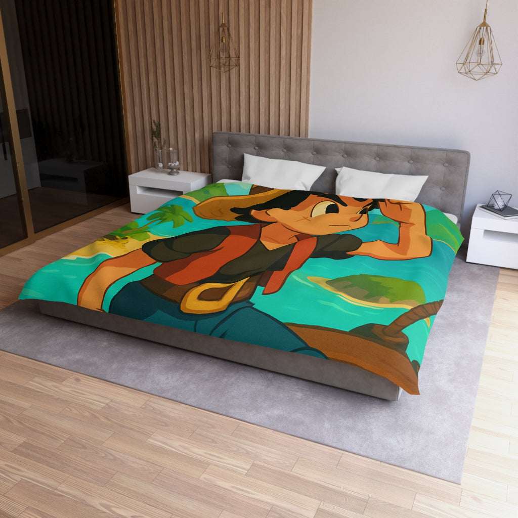 Housse de couette tropicale enfant avec pirate aventurier sur fond d'île paradisiaque