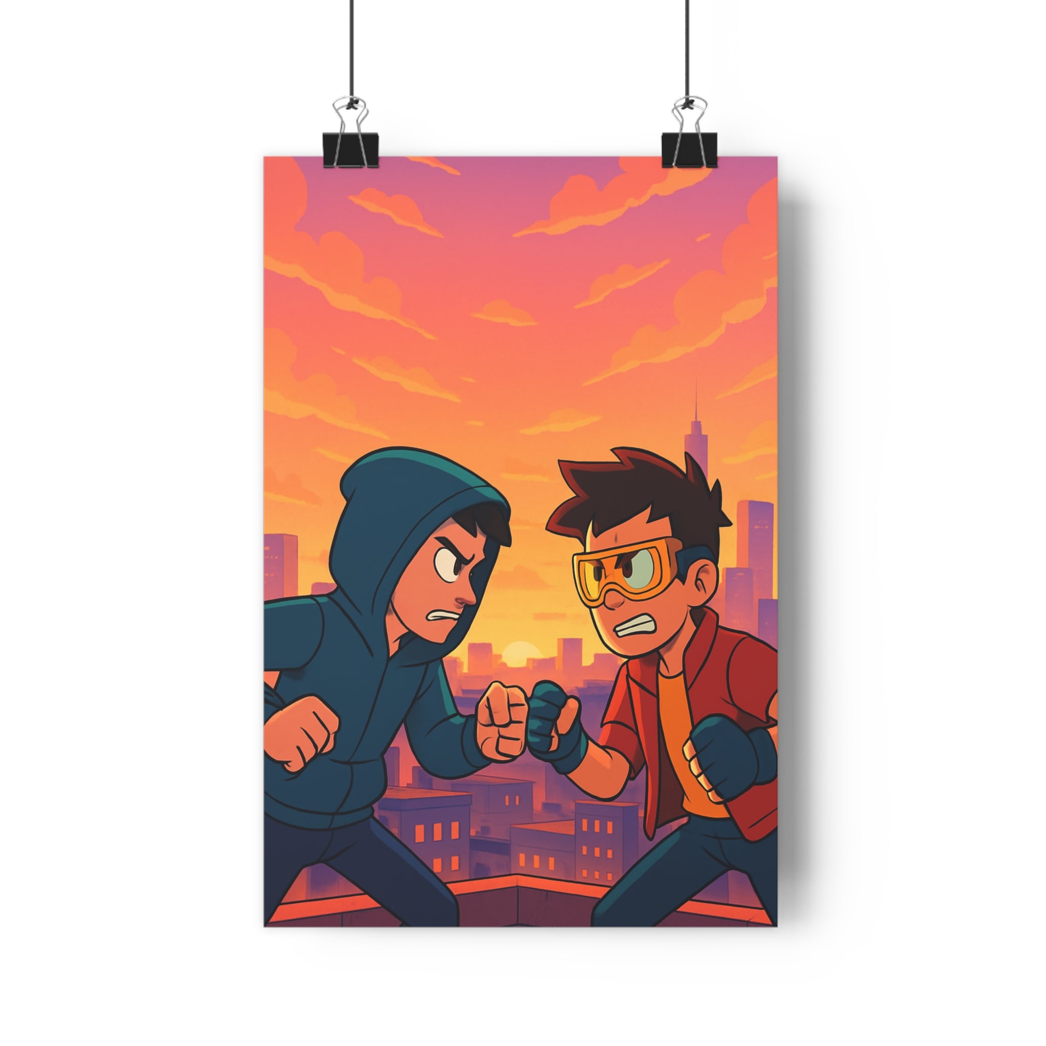 Poster décoratif anime urbain pastel orange rose chambre salon 30x46 aventure dynamique moderne toit
