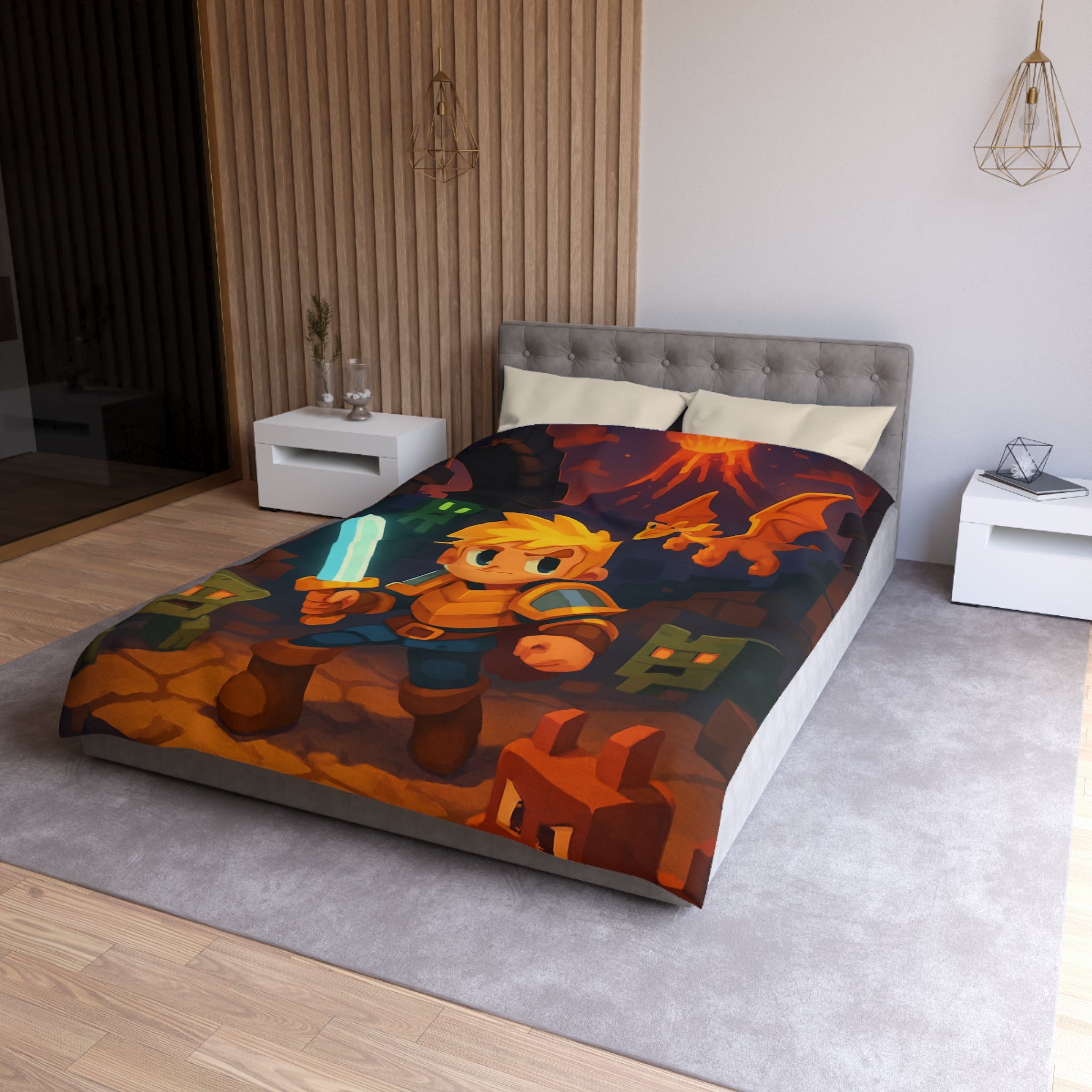 Housse de couette épique avec héros, dragon, volcan en feu et créatures cubiques