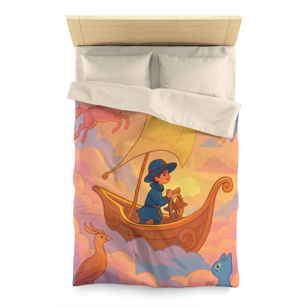 Housse de Couette Enchantée Avec Licorne et Bateau Volant Dans le Ciel Éthéré