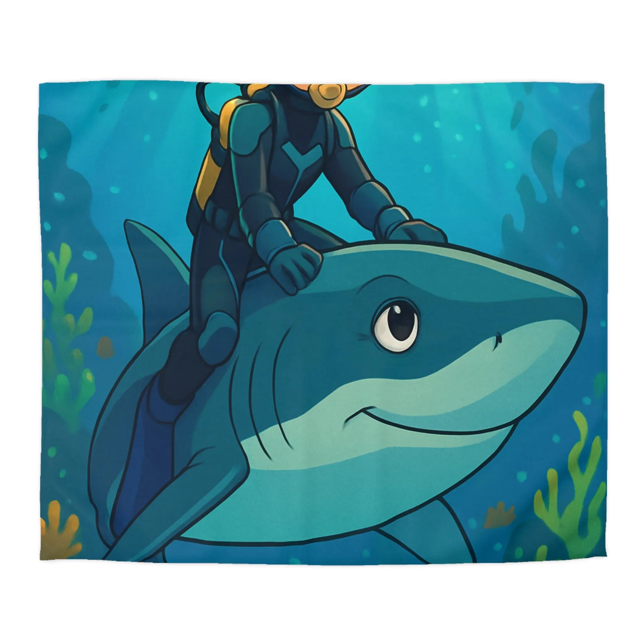 Housse de Couette Enfant Océan Aventure avec Requin et Plongeur pour Chambre Colorée