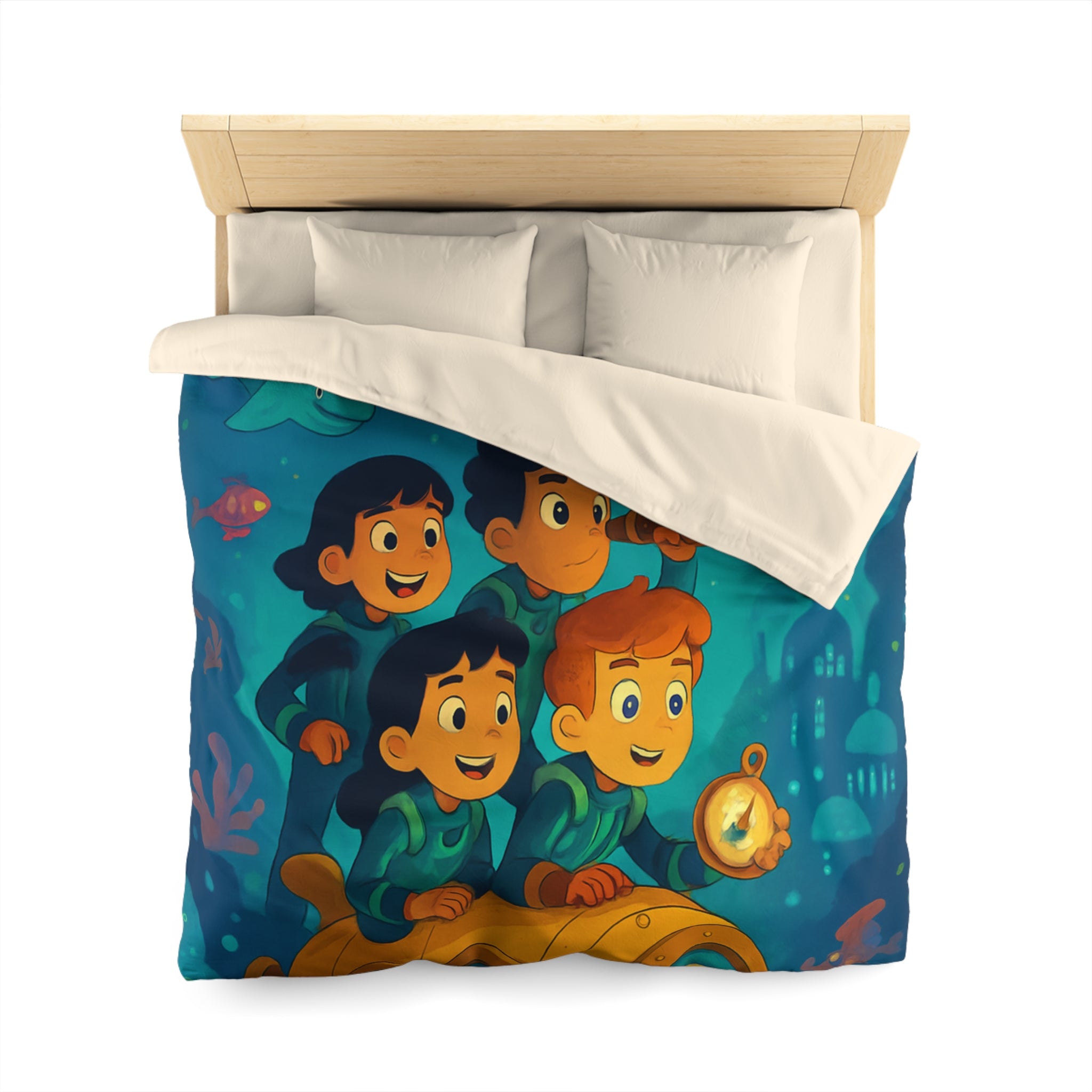 Housse de couette sous-marine avec enfants explorateurs et animaux marins joyeux
