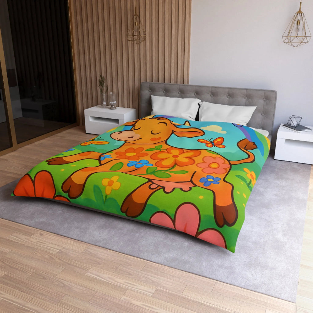 Housse de Couette Enfant Joyeuse Vache Orange Sous Arc-en-Ciel et Papillons Colorés