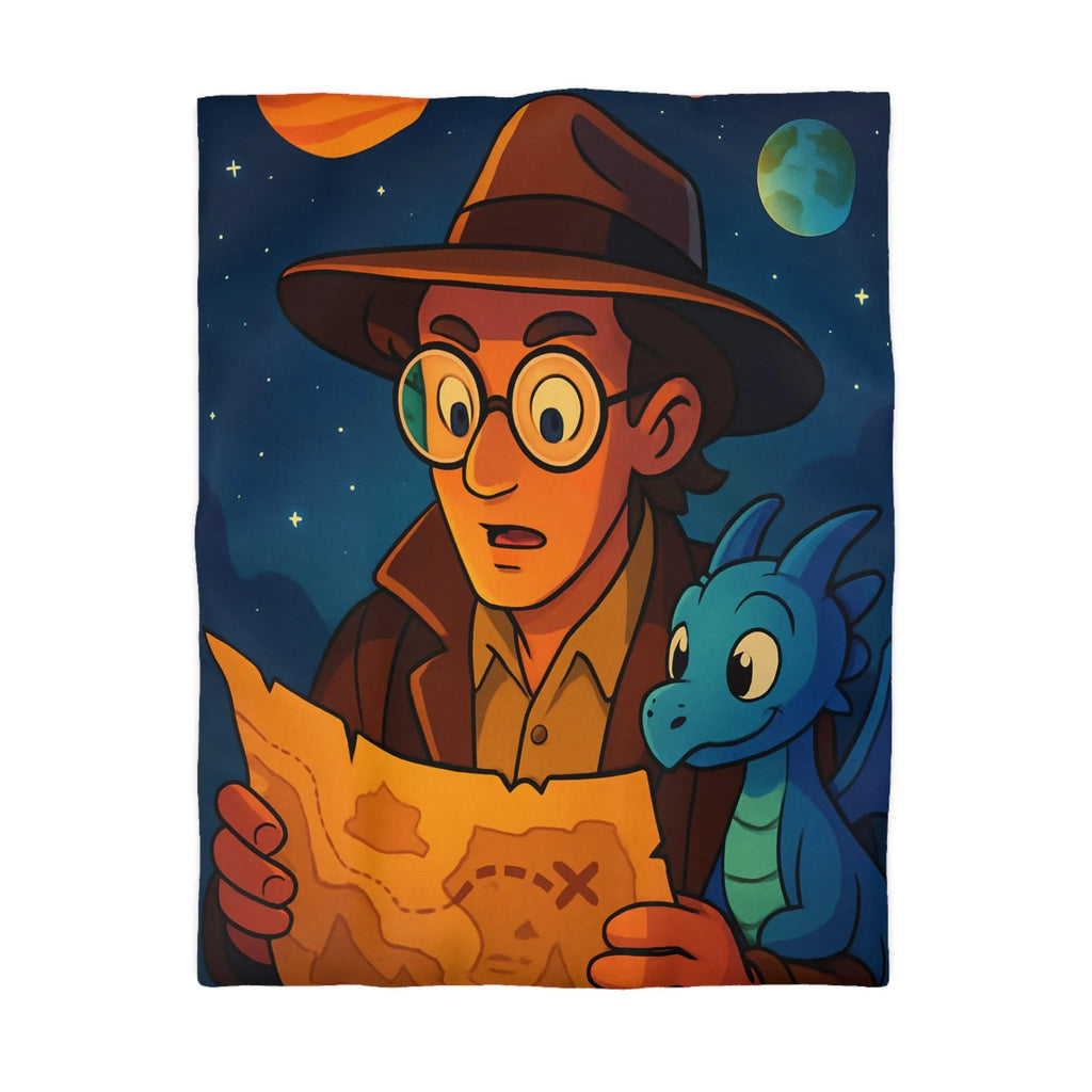 Aventure nocturne avec explorateur et dragon bleu sous planètes mystiques sur fond étoilé