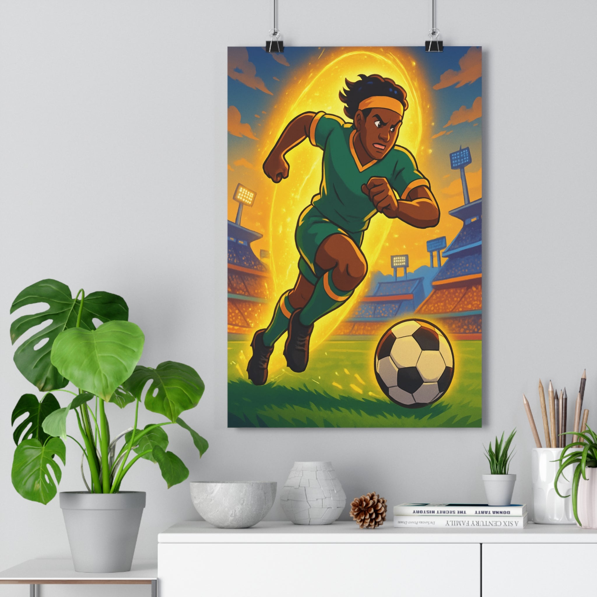 Poster décoratif football animé vert jaune dynamique sportif chambre enfant vibrant motivation action énergie