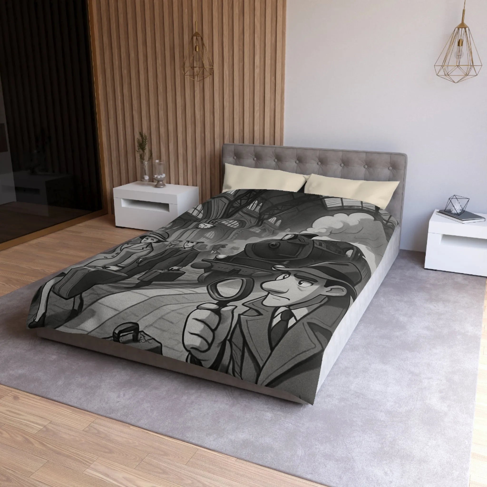 Élégante housse de couette rétro avec train à vapeur et ambiance mystérieuse noir et blanc