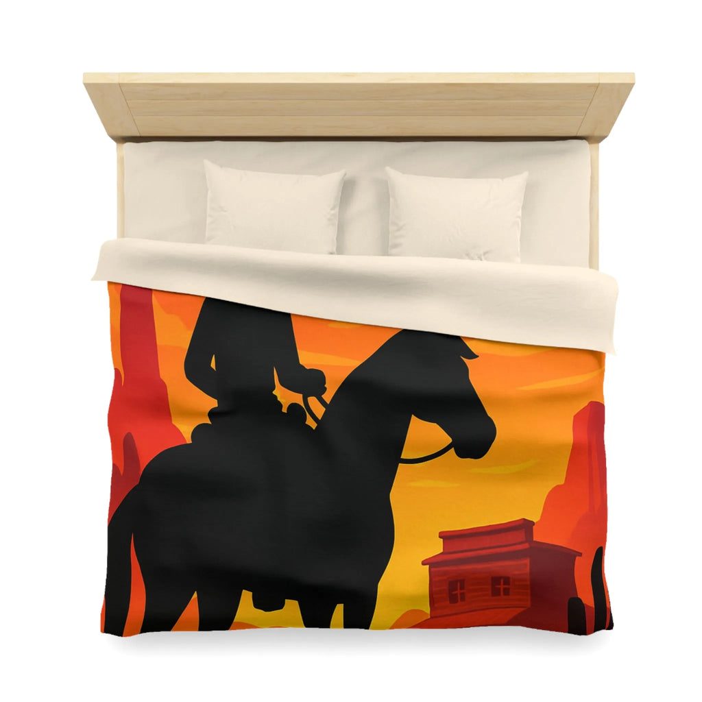 Housse de couette Far West cavalier cheval silhouette coucher de soleil scène désertique