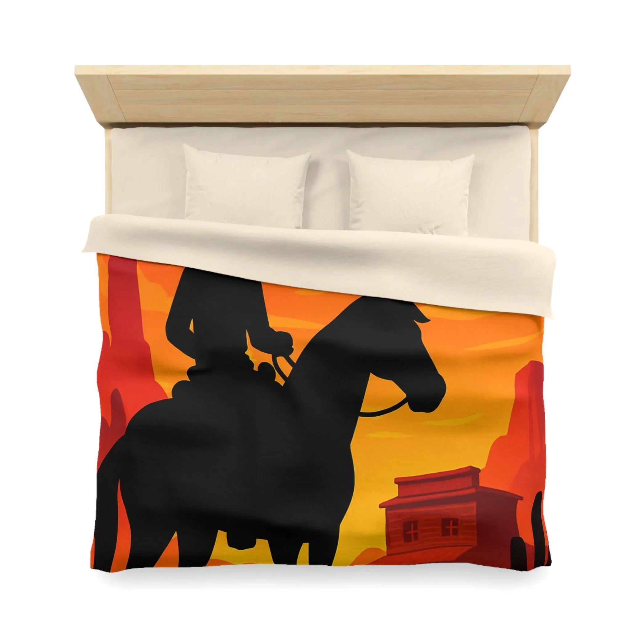 Housse de couette Far West cavalier cheval silhouette coucher de soleil scène désertique