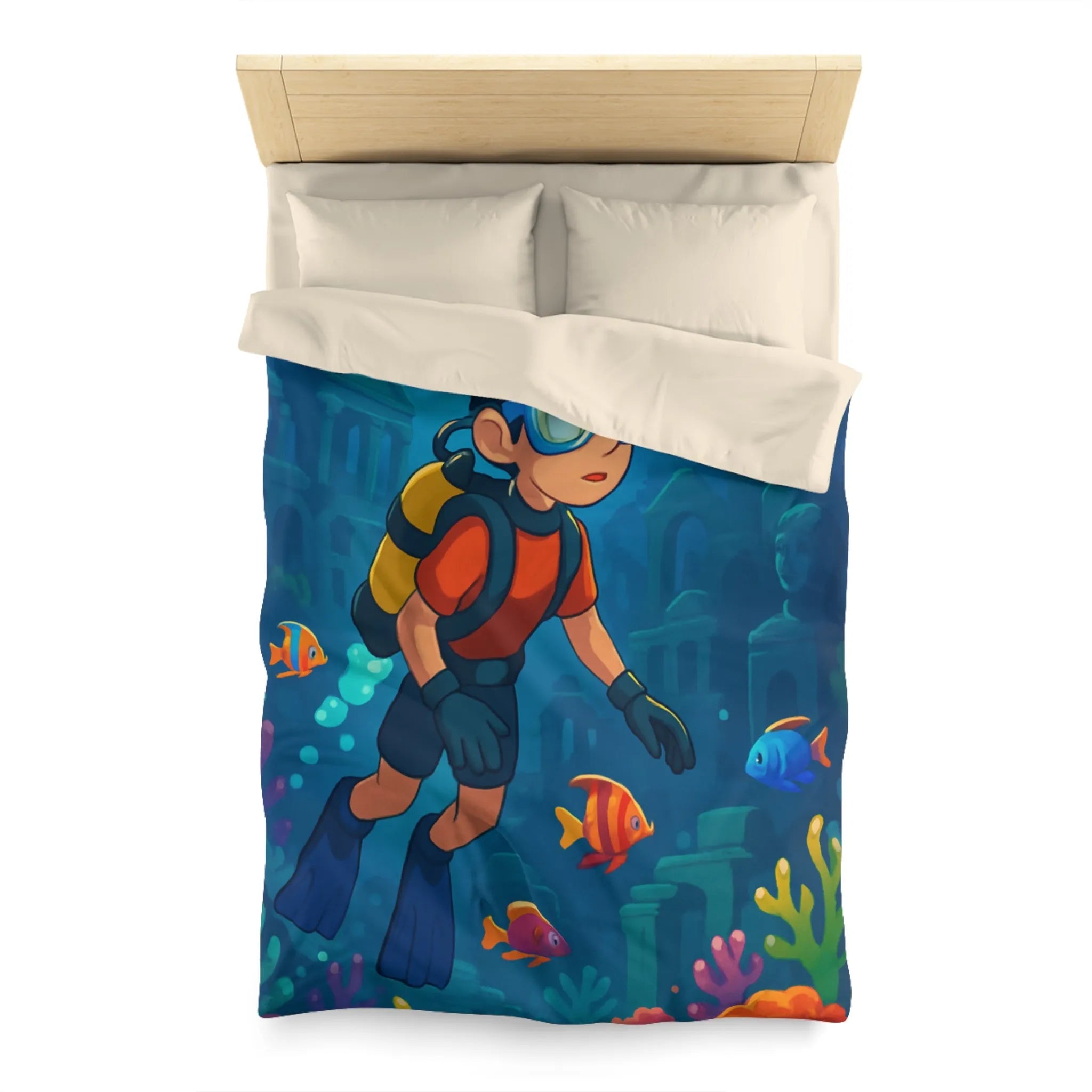 Housse de couette colorée avec plongeur et ruines sous-marines, poissons tropicaux vibrants