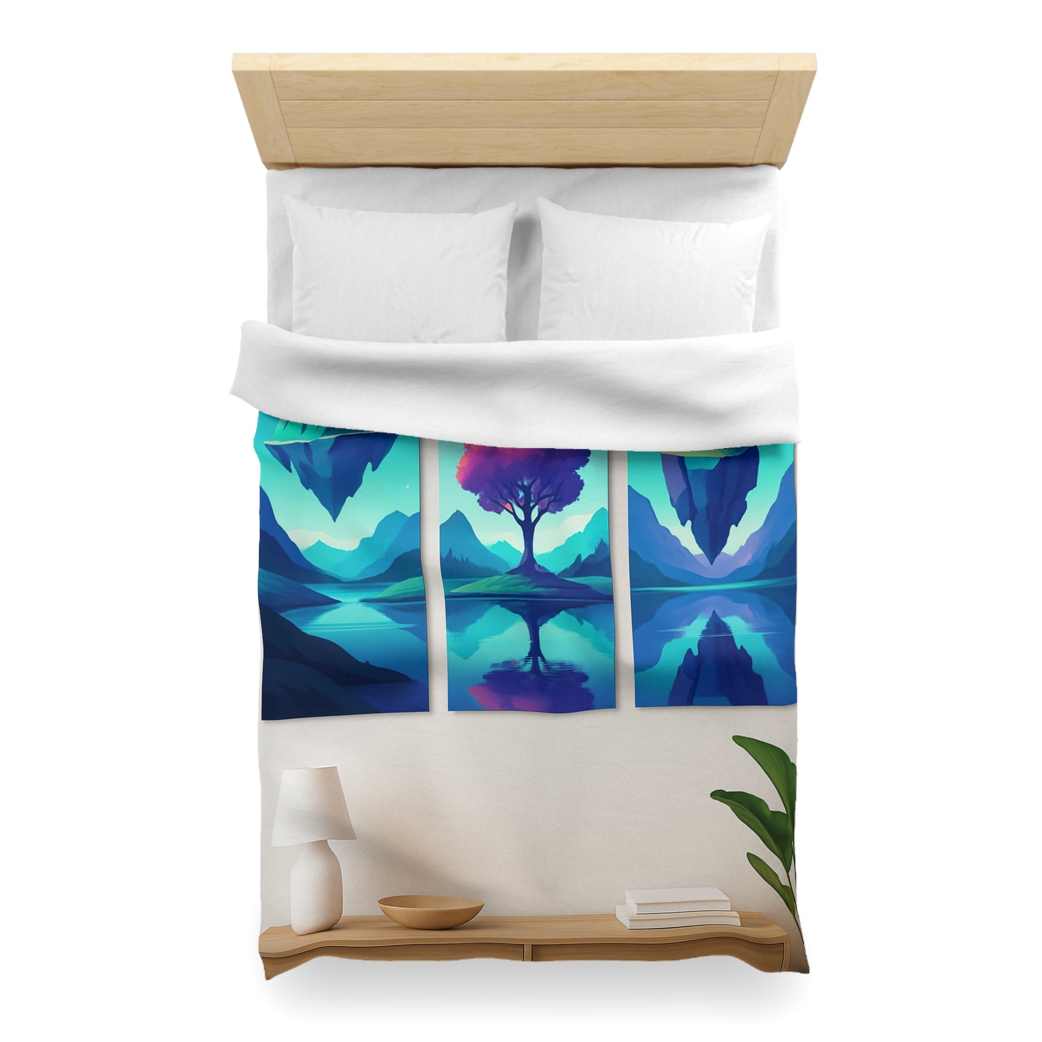 Housse de couette paysage flottant magique avec montagnes surréalistes et arbres colorés