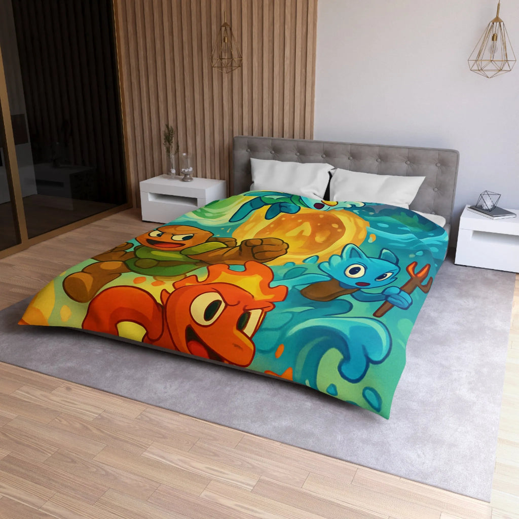 Housse de couette colorée avec motif de personnages d'éléments dans style aventure fantastique