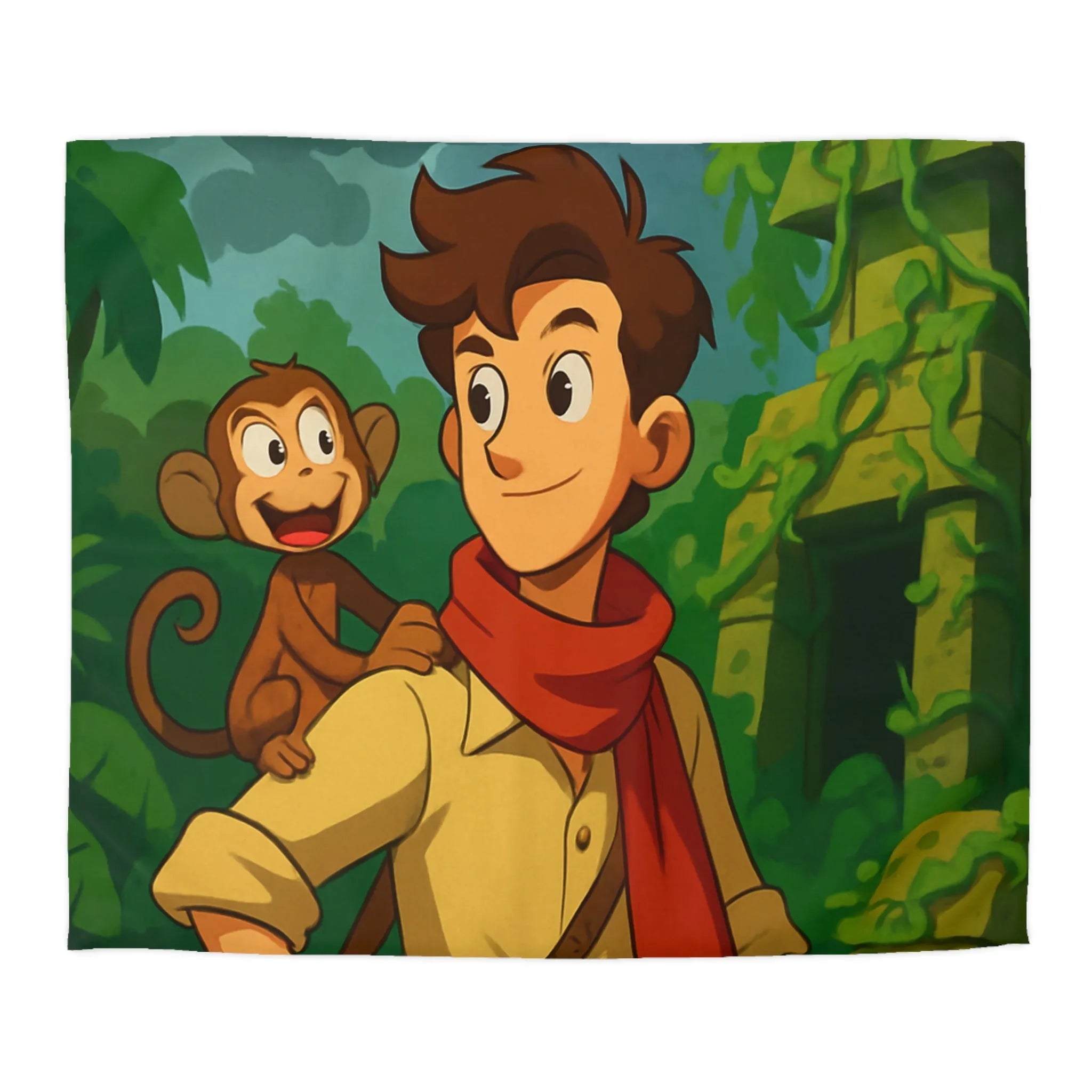 Housse de couette jungle aventure avec singe, avion biplan et ruines mystérieuses