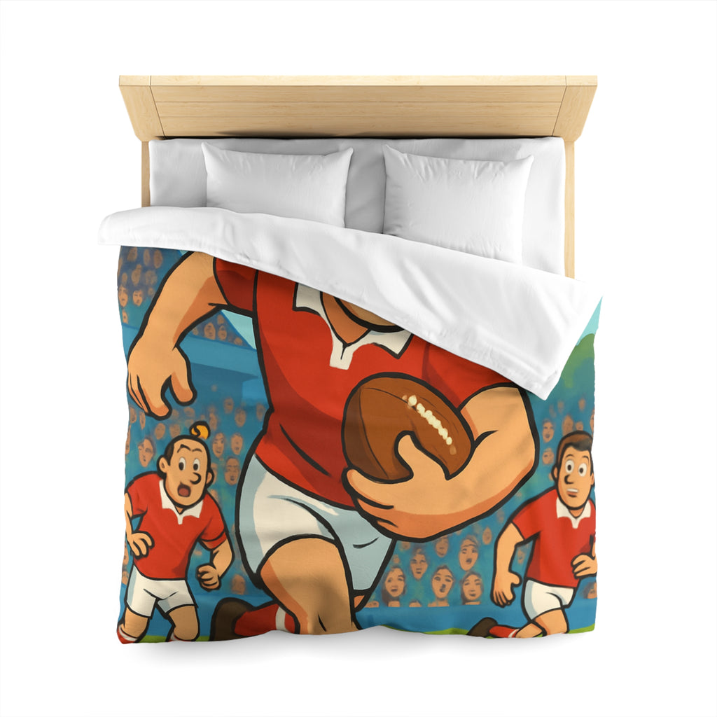 Housse de couette rugby dynamique en rouge et blanc pour chambre d'enfant sportive